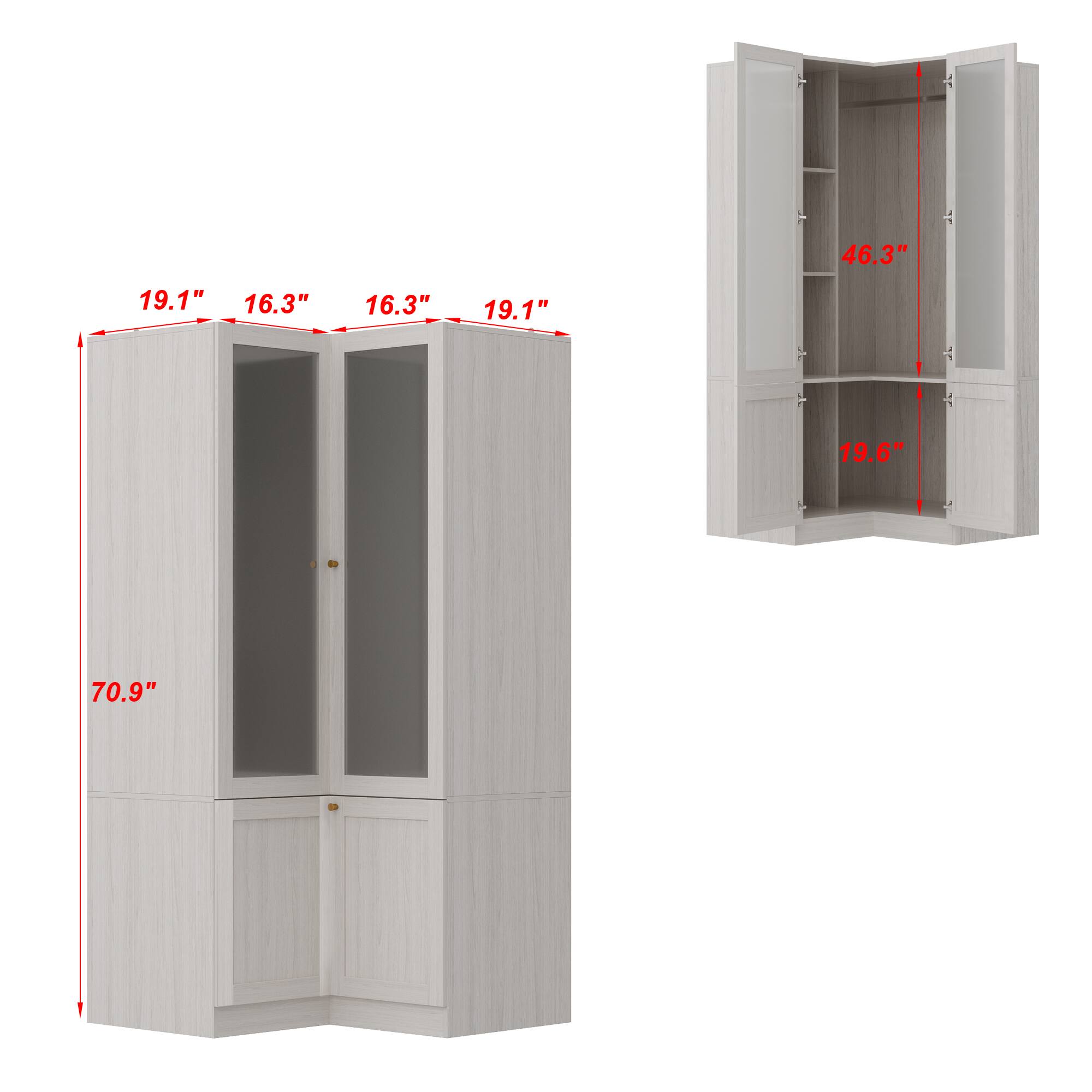 Sure, here is the corrected and grouped text from the image:

- Width: 70.9"
- Height: 46.3"
- Depth: 19.6"
- Cabinet Door Dimensions:
  - Height: 19.1"
  - Width: 16.3"
  - Height: 16.3"
  - Width: 19.1"