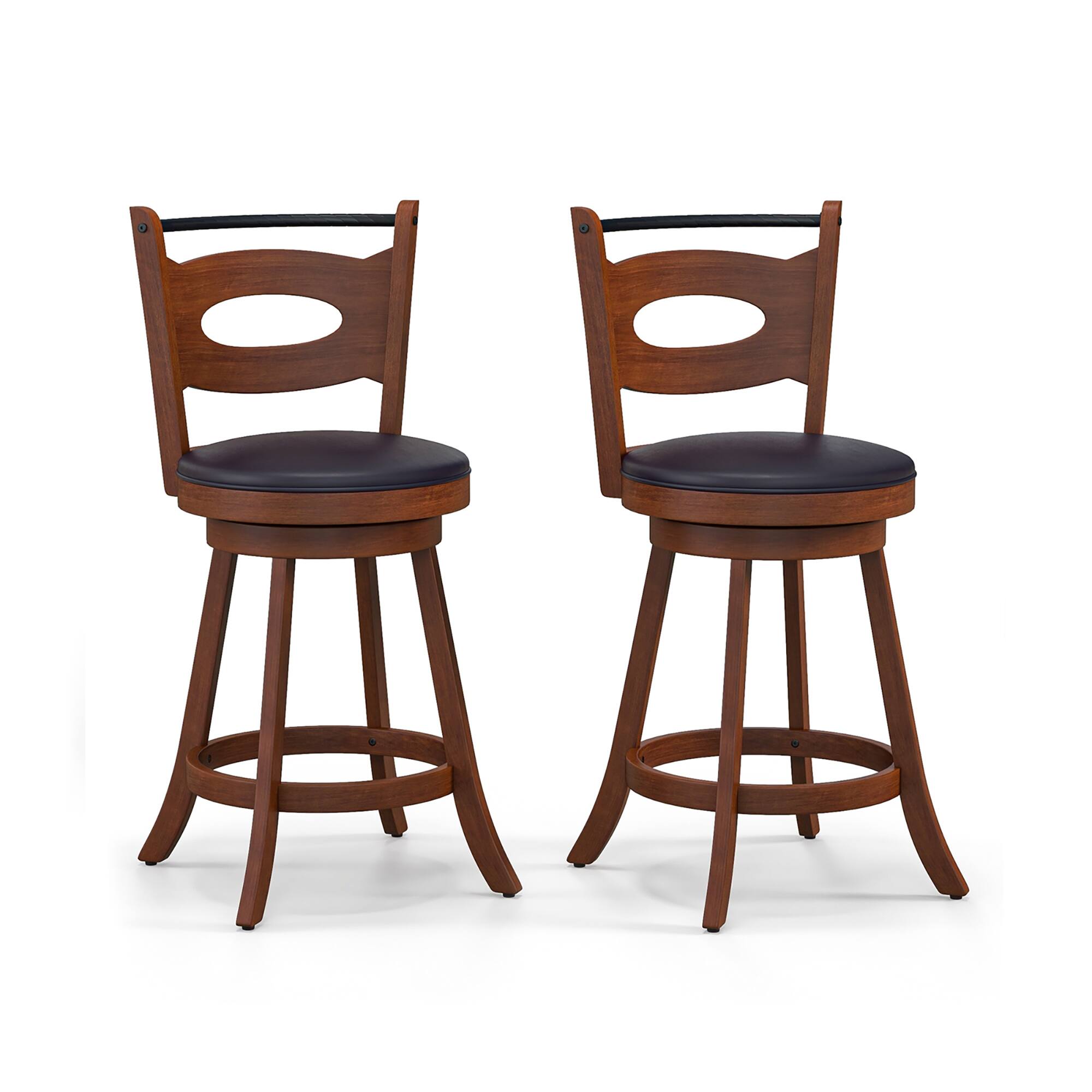 Alt View 2. Costway - 24" Height Set of 2 Bar Stools 360° Swivel Dining Chairs Solid Rubber Wood Leather Padded Seat - Black/Brown.