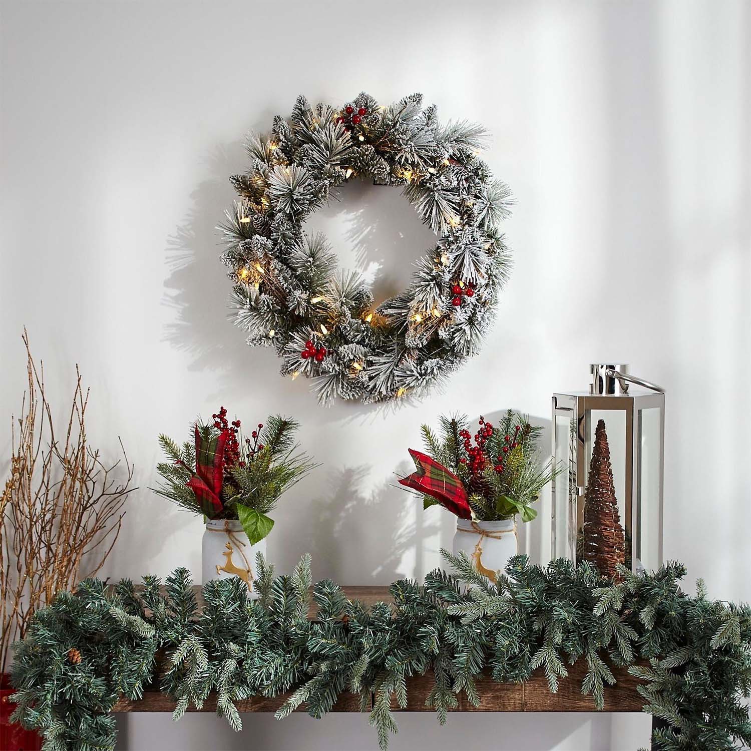 Alt View 5. NOMA - NOMA 24" Pre-Lit LED Flocked Berry Christmas Wreath with 35 Warm White Lights - Berry Flocked.