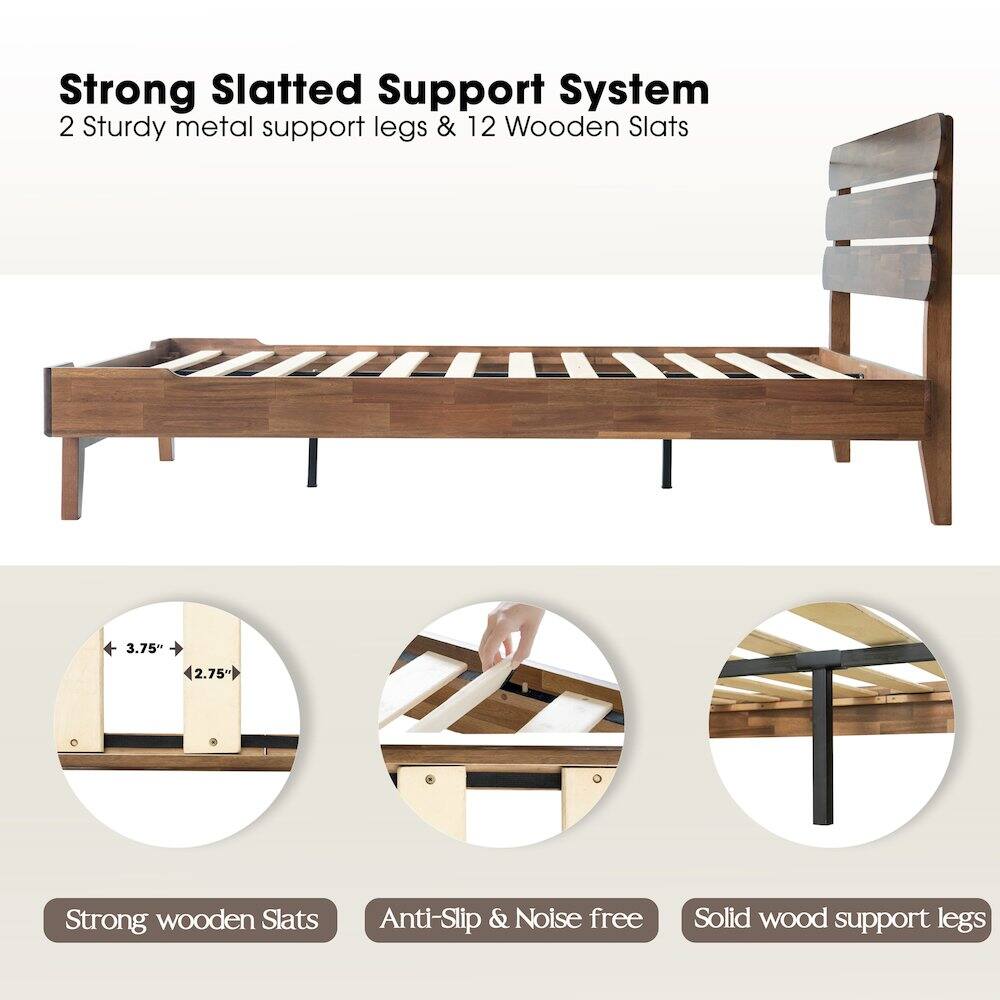 Strong Slatted Support System  
2 Sturdy metal support legs & 12 Wooden Slats  
3.75" 2.75"  
Strong wooden Slats  
Anti-Slip & Noise free  
Solid wood support legs