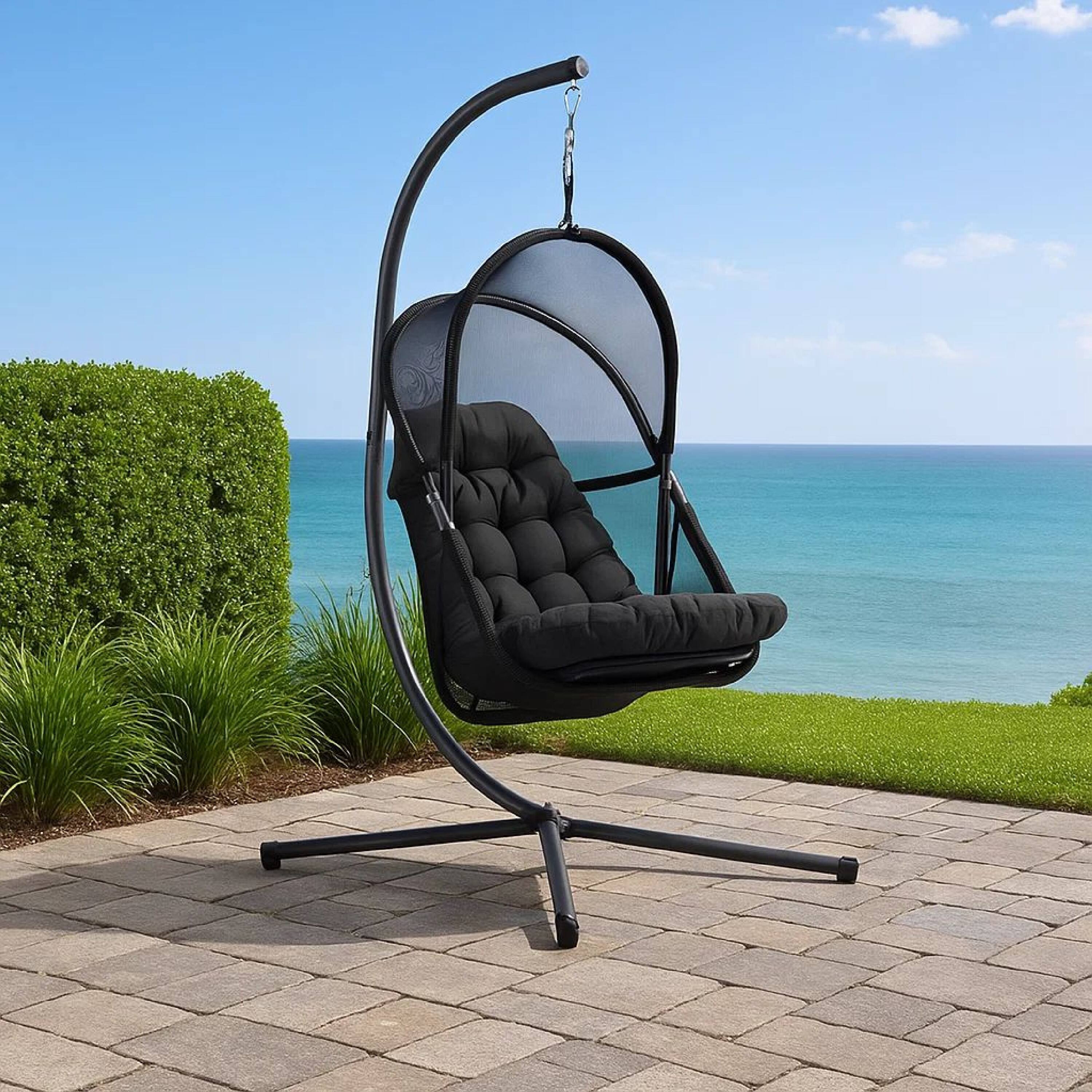 Alt View 7. Manhattan Lane - Bery Outdoor Swing Chair with Foldable Stand, Coastal Black Cushion - Black.