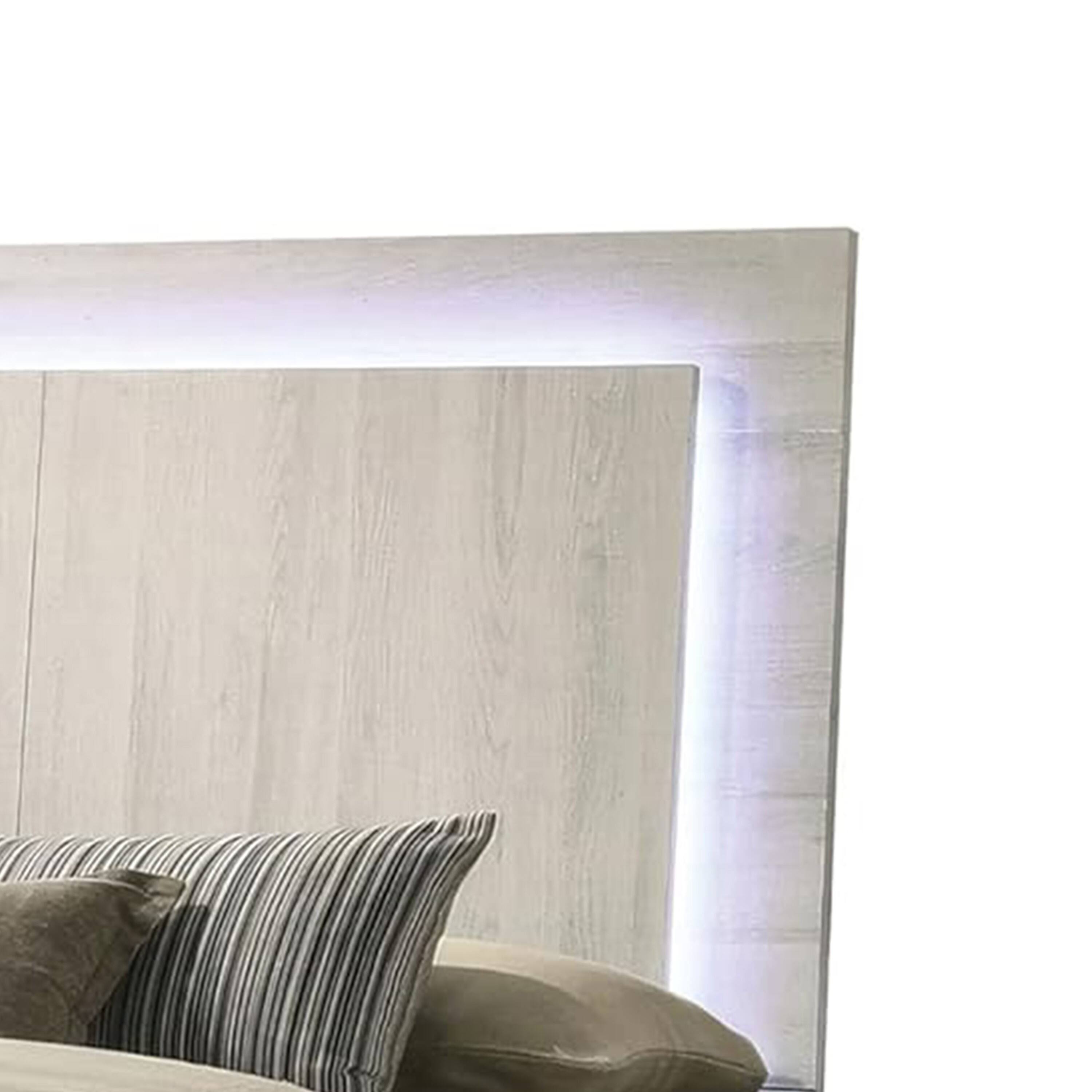 Alt View 2. Manhattan Lane - Hyao Queen Size Bed w LED on Headboard, Antique White Wash Finsih - White Wash.