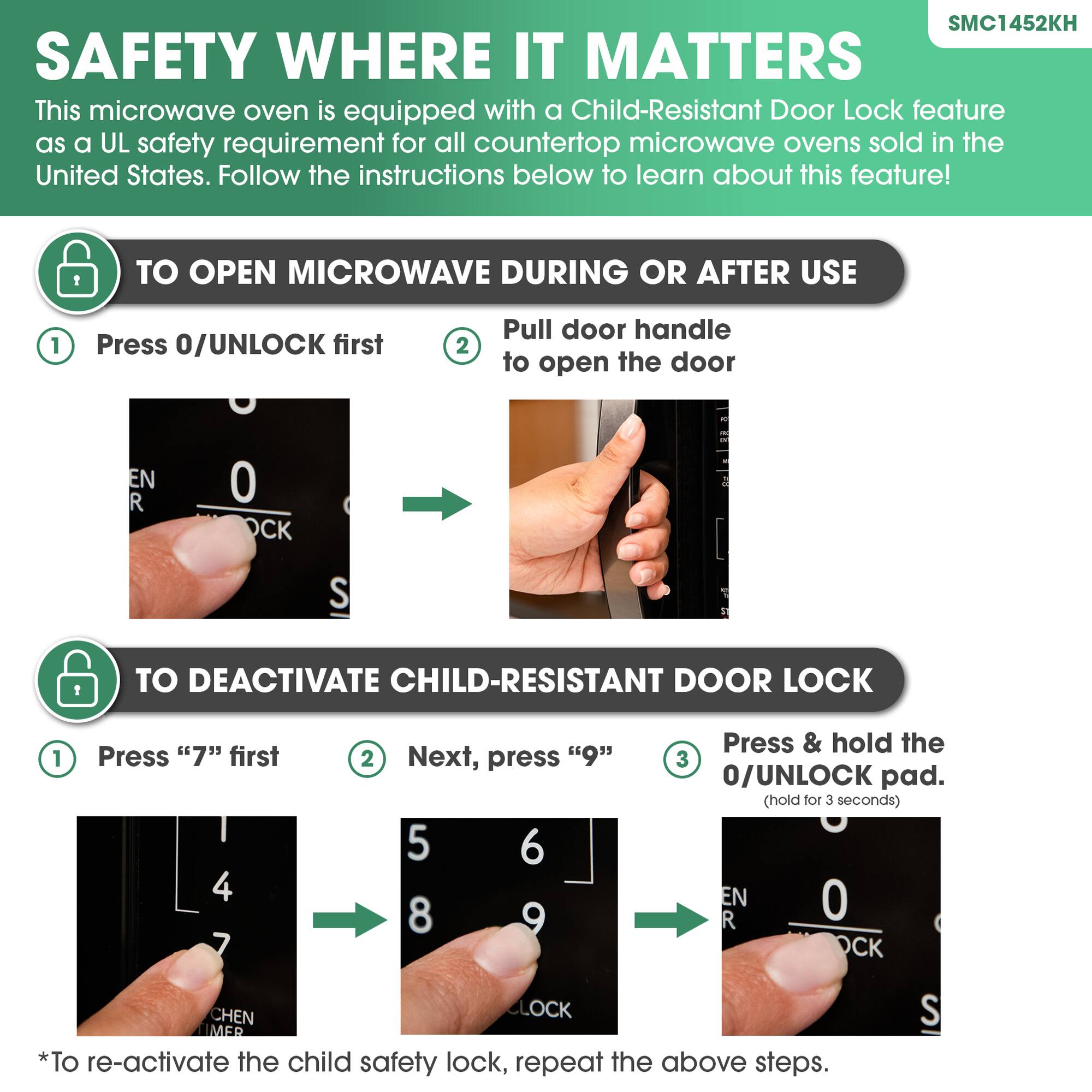 SMC1452KH SAFETY WHERE IT MATTERS

This microwave oven is equipped with a Child-Resistant Door Lock feature as a UL safety requirement for all countertop microwave ovens sold in the United States. Follow the instructions below to learn about this feature!

TO OPEN MICROWAVE DURING OR AFTER USE
1. Press 0/UNLOCK first
2. Pull door handle to open the door

TO DEACTIVATE CHILD-RESISTANT DOOR LOCK
1. Press "7" first
2. Next, press "9"
3. Press & hold the 0/UNLOCK pad. (hold for 3 seconds)

*To re-activate the child safety lock, repeat the above steps.