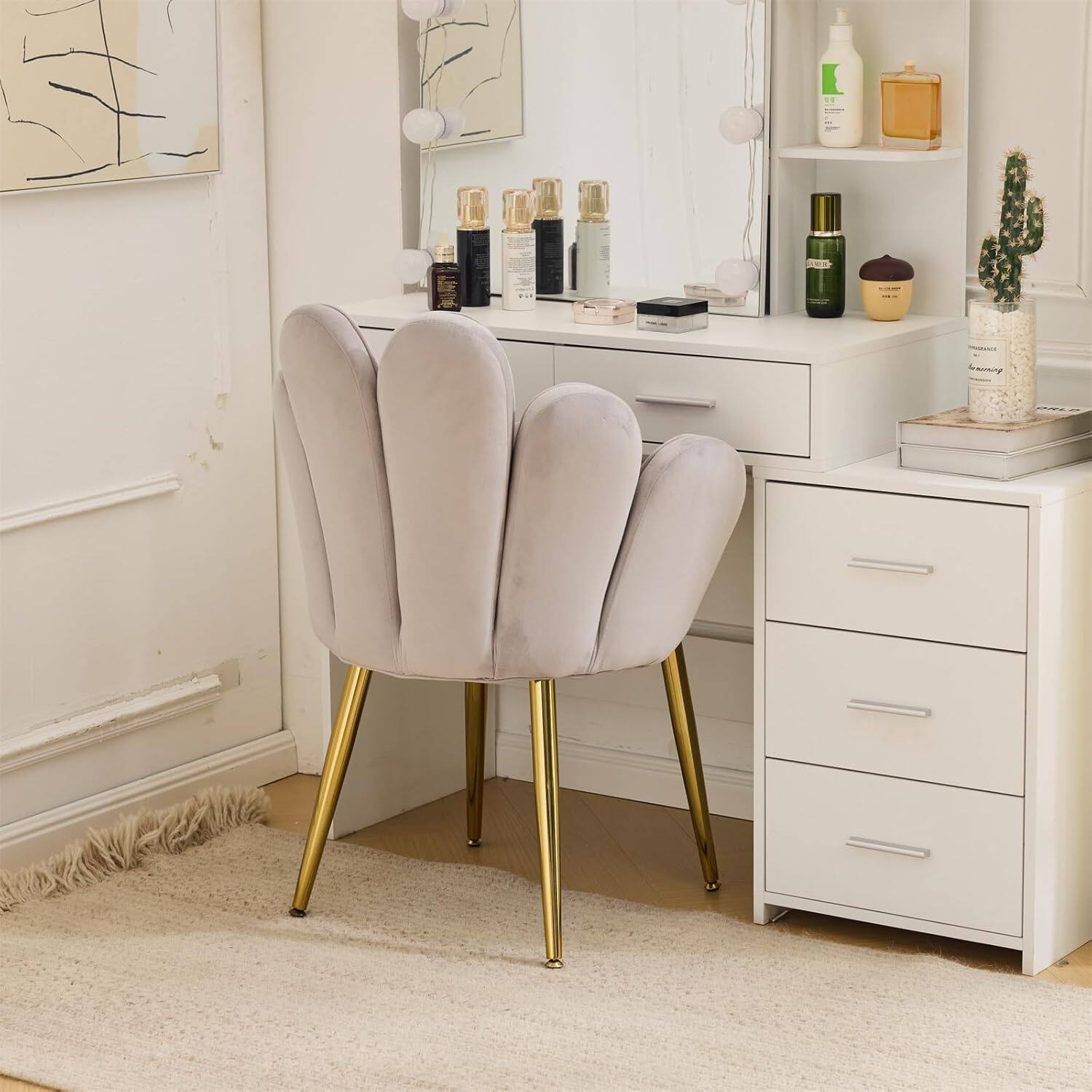 Alt View 8. Winado - Girls Petal Flower Velvet Makeup Vanity Chair with Back Comfy Adustable Gold Legs & Bow Pillow for Bedroom Home Office - Grey-velvet.
