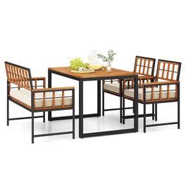 Gymax - 4 PCS Acacia Wood Patio Dining Set w/ 1 Rectangular Table 1 Loveseat & 2 Armchairs - Natural, Black, Beige