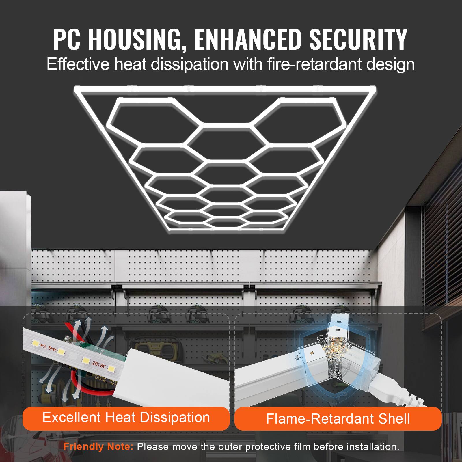 PC HOUSING, ENHANCED SECURITY  
Effective heat dissipation with fire-retardant design  

Excellent Heat Dissipation  
Flame-Retardant Shell  

Friendly Note: Please move the outer protective film before installation.