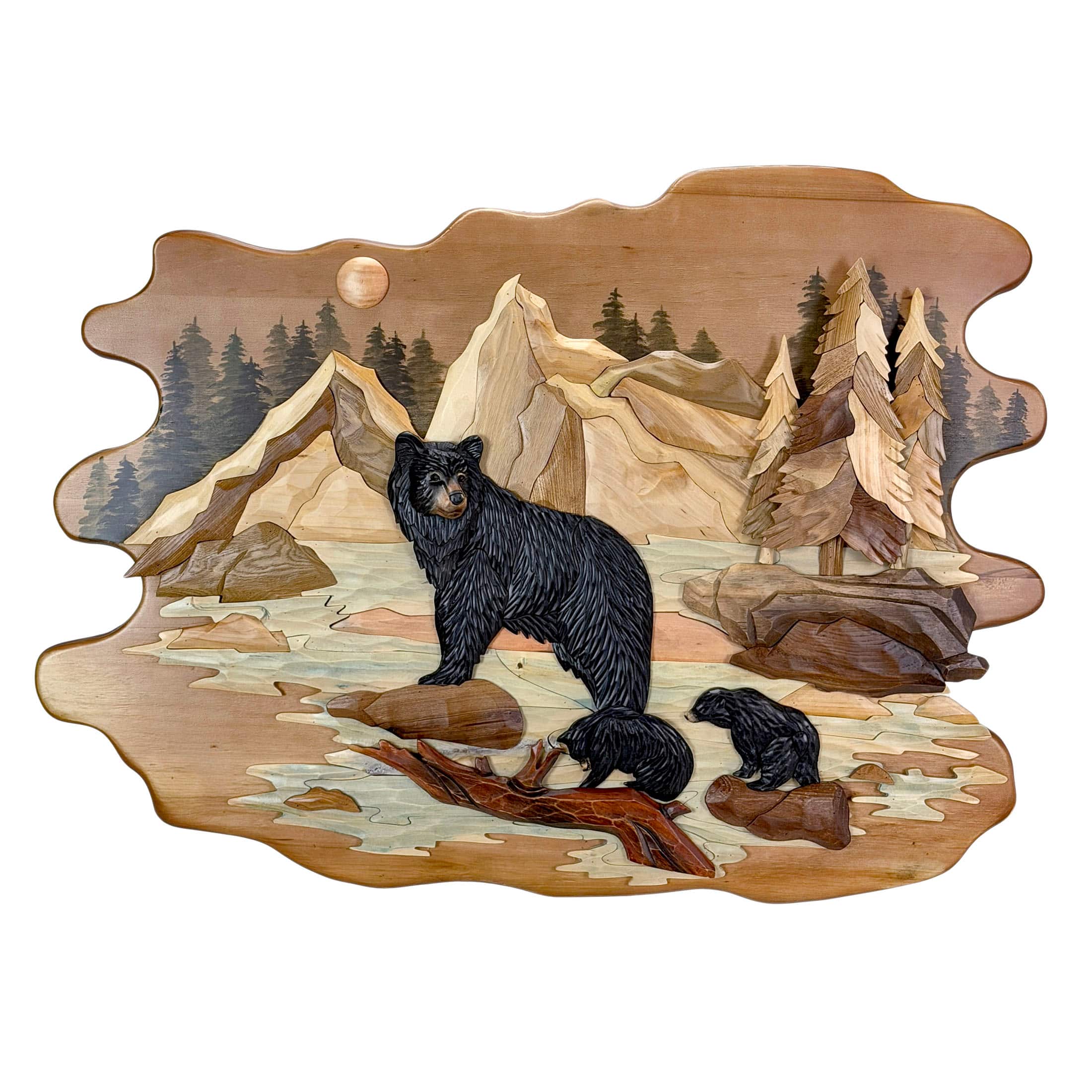 Zeckos - Bear Family River 25.5x34 Intarsia Wood Wall Sculpture Rustic Cabin Art - Brown
