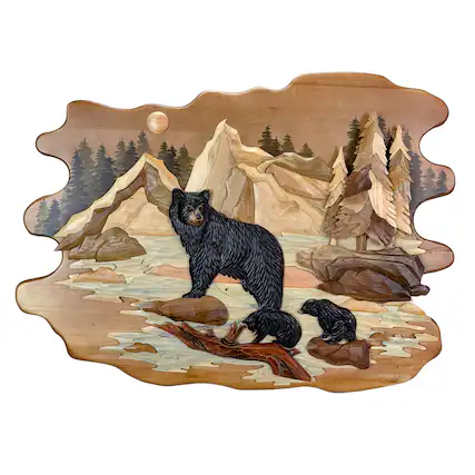 Front. Zeckos - Bear Family River 25.5x34 Intarsia Wood Wall Sculpture Rustic Cabin Art - Brown.