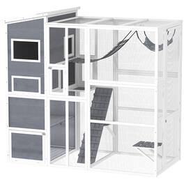 Pawhut - Catio Outdoor Enclosure, 4 Tiers, 3 Platforms, 1 Soft Ladder, 2 Ramps, 1 Hammock, 2-3 Cats, 76"x36"x68"