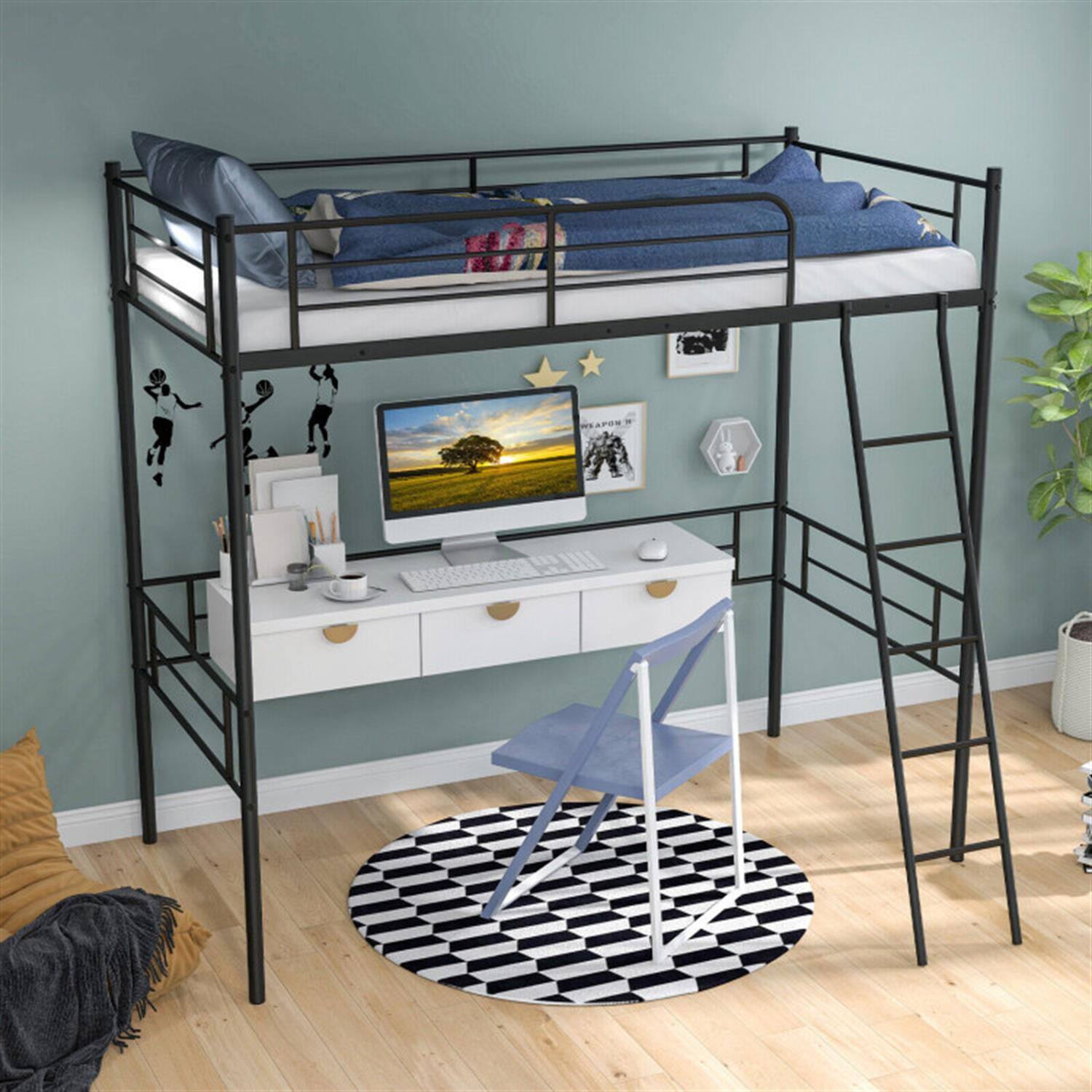 Alt View 4. Pefilos - Loft Bed Twin Size with Ladder Teens Adults Heavy Duty Metal Single Bunk Bed Loft with Safety Guard Rails for Small - Black.