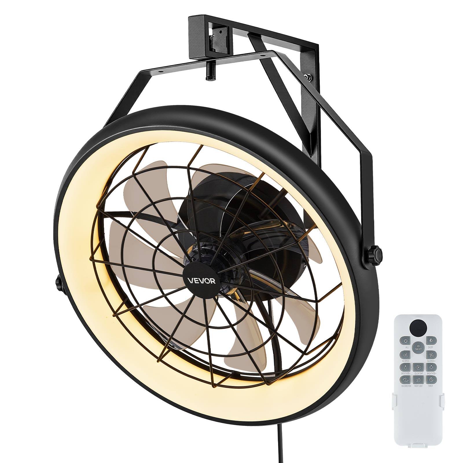 Front. VEVOR - Wall Mounted Fan with Lights, 22 inch Wall Mount Fan with Remote, 6 Speeds Plug in Wall Fan, Reversible - Black.