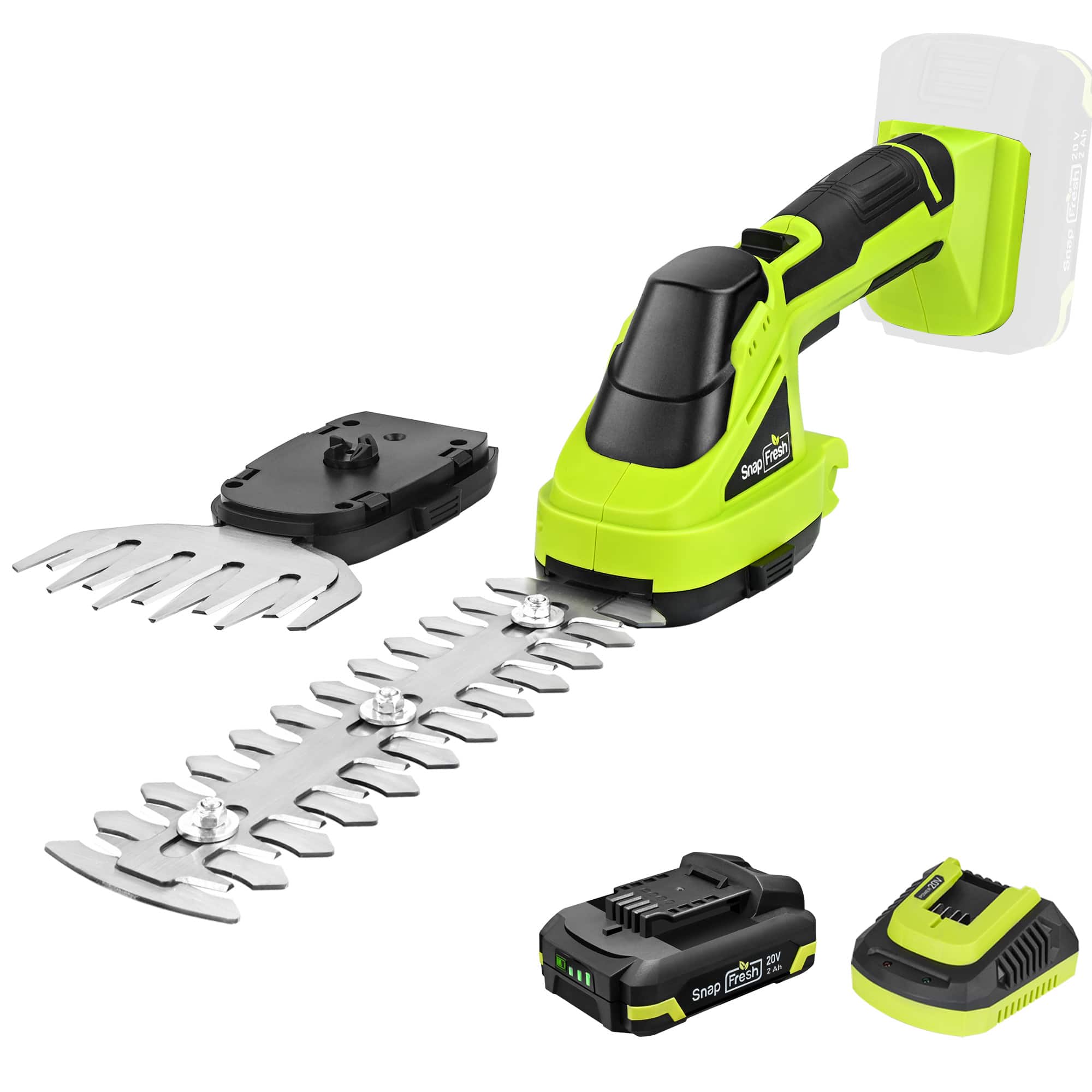 SnapFresh - 20V Cordless Hedge Trimmer 2 in 1 Shrub Trimmer and Grass Shears with Battery and Charger - Green