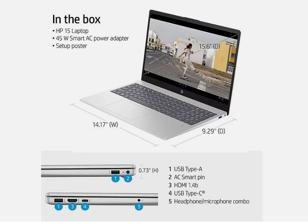 In the box:
- HP 15 Laptop
- 45 W Smart AC power adapter
- Setup poster

Dimensions:
- 15.6" (D)
- 14.17" (W)
- 9.29" (D)
- 0.73" (H)

Ports:
1. USB Type-A
2. AC Smart pin
3. HDMI 1.4b
4. USB Type-C
5. Headphone/microphone combo