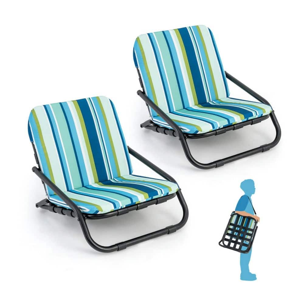 Pefilos - 2-Pack Low Folding Beach Chairs, Portable Beach Chairs with Cushion for Adults - Blue