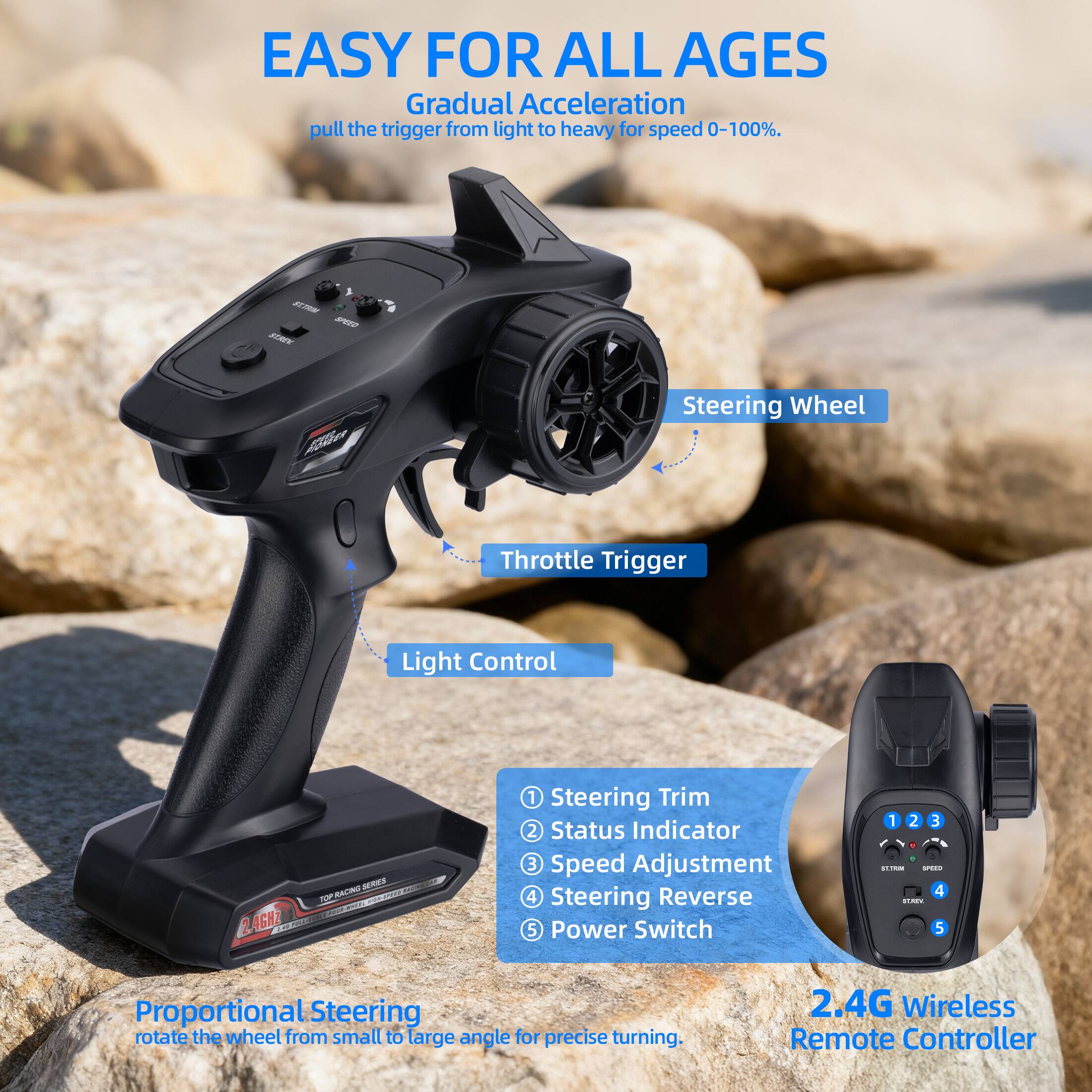 EASY FOR ALL AGES

Gradual Acceleration
pull the trigger from light to heavy for speed 0-100%.

Steering Wheel
Throttle Trigger
Light Control

Proportional Steering
rotate the wheel from small to large angle for precise turning.

2.4G Wireless Remote Controller

1. Steering Trim
2. Status Indicator
3. Speed Adjustment
4. Steering Reverse
5. Power Switch