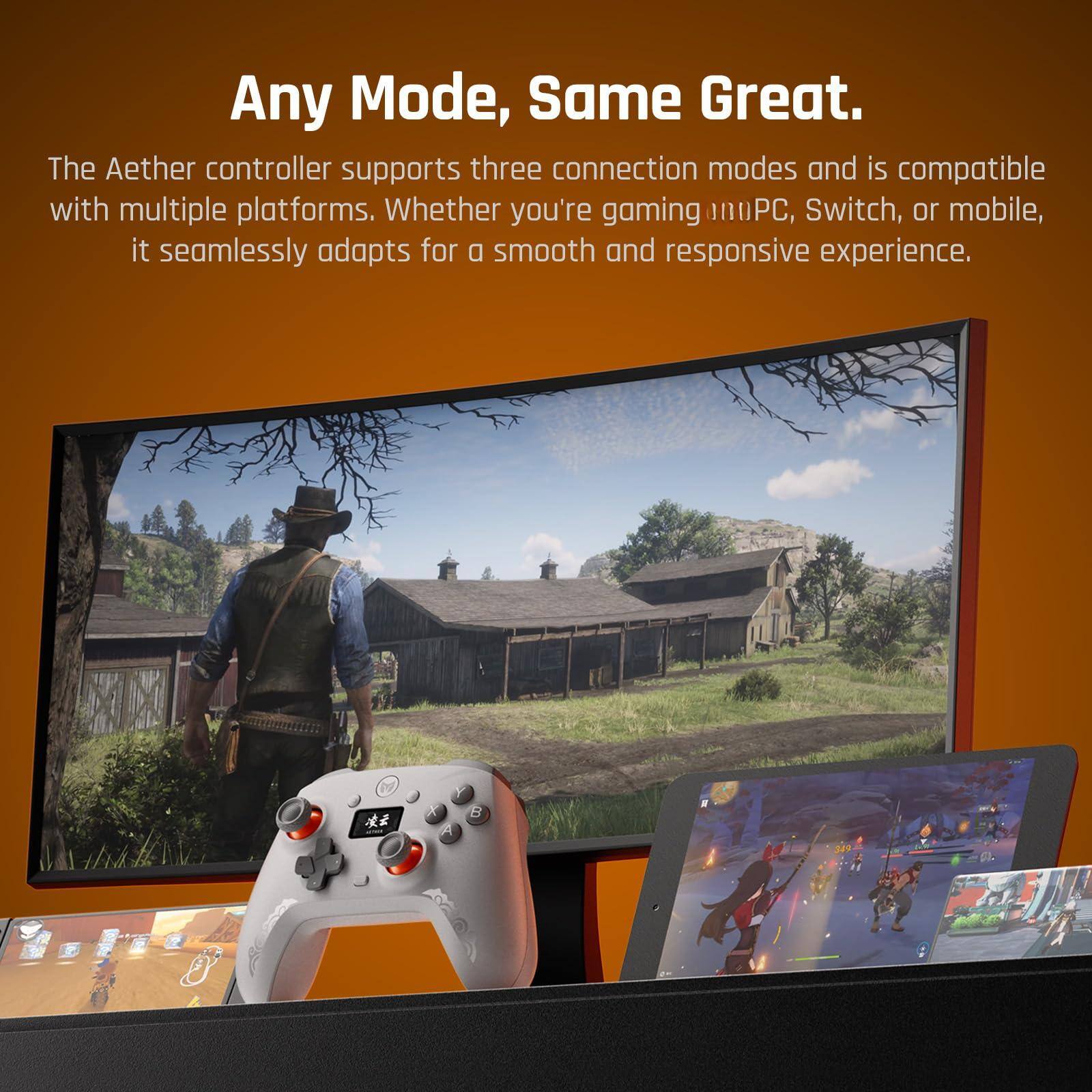 Any Mode, Same Great.

The Aether controller supports three connection modes and is compatible with multiple platforms. Whether you're gaming on PC, Switch, or mobile, it seamlessly adapts for a smooth and responsive experience.
