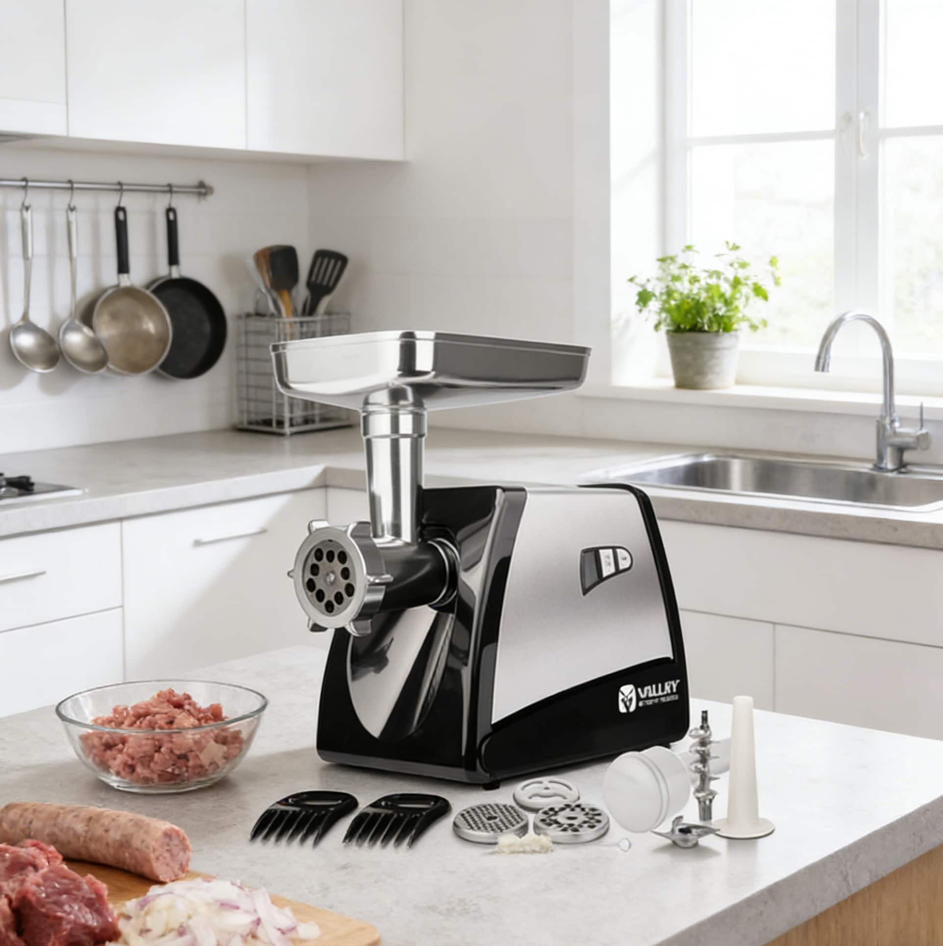 Front. Breezary - Electric Meat Grinder 3/4 HP with Stainless Steel Blade, 3 Grinding Plates, Sausage Stuffer Tube & Meat Claws - Black Electric Meat Grinder.