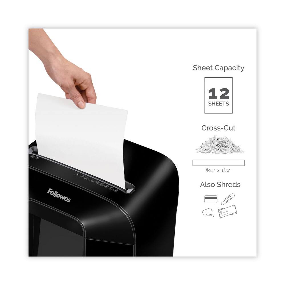 Sheet Capacity: 12 SHEETS  
Cross-Cut: 5/32" x 11/4"  
Also Shreds: [Icons of credit card, USB drive, and paper]