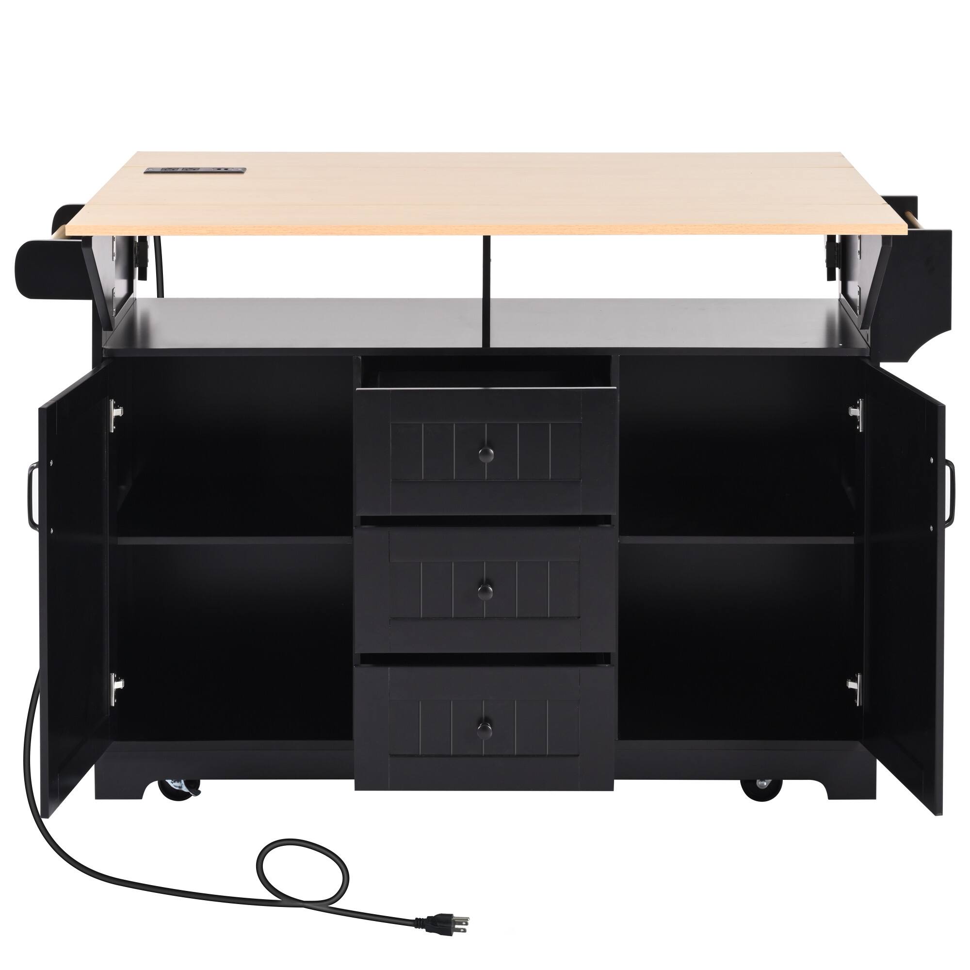 Back. Whisen - 56" Large Kitchen Island, Rolling Cart with Power Outlet, Drop Leaf for Dining Room - Black.