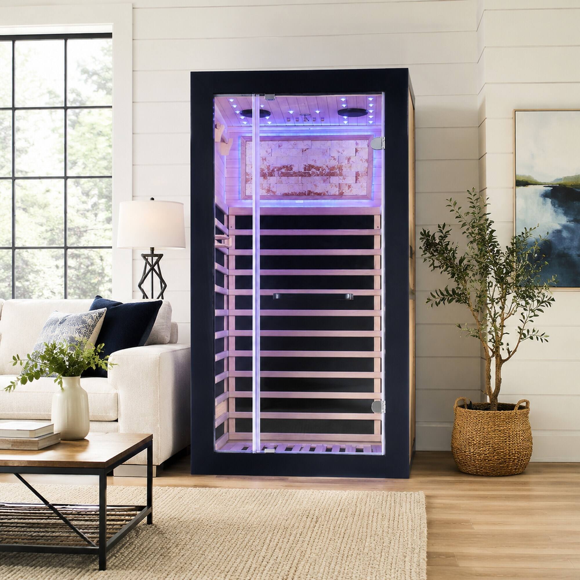 Alt View 1. RYHNUYNE - Single-Person Hemlock Sauna, 90 x 90 x 180 cm, 1450W Carbon Plate Heaters, Starry Sky Ceiling Light, 7 Heating Plates - Ameican White Oak.