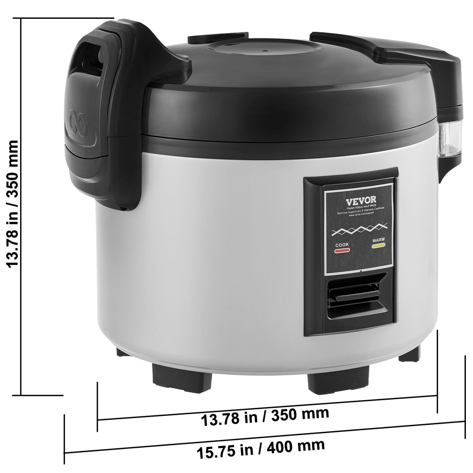mm / 350  
13.78 in / 350  
13.78 in / 350 mm  
15.75 in / 400 mm  

VEVOR TOOLT ARO  
TOUCH  
Citamin)  
Cartone Sugars ha Terrical  
www.everophisport  

119  
WARM COOK