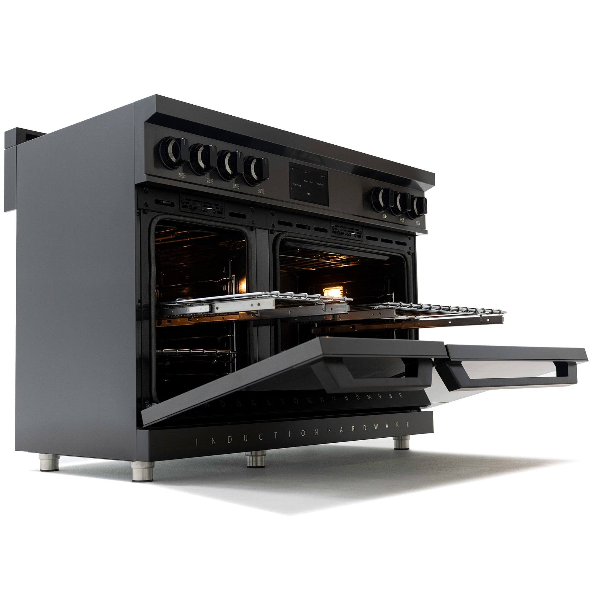 Alt View 5. Induction Hardware - Professional 48 Inch Induction Range with Double Convection Ovens & Air Fry, 7 Burner Electric Stove, Pizza Stone - Black.