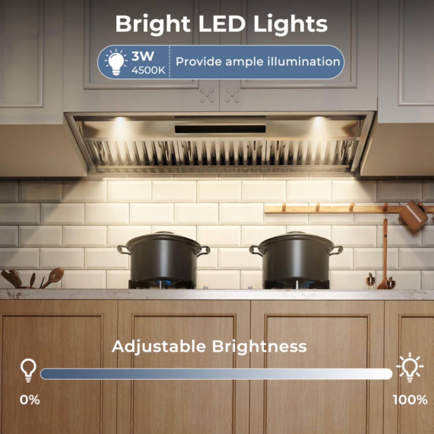 Bright LED Lights  
3W  
4500K  
Provide ample illumination  

Adjustable Brightness  
0% - 100%