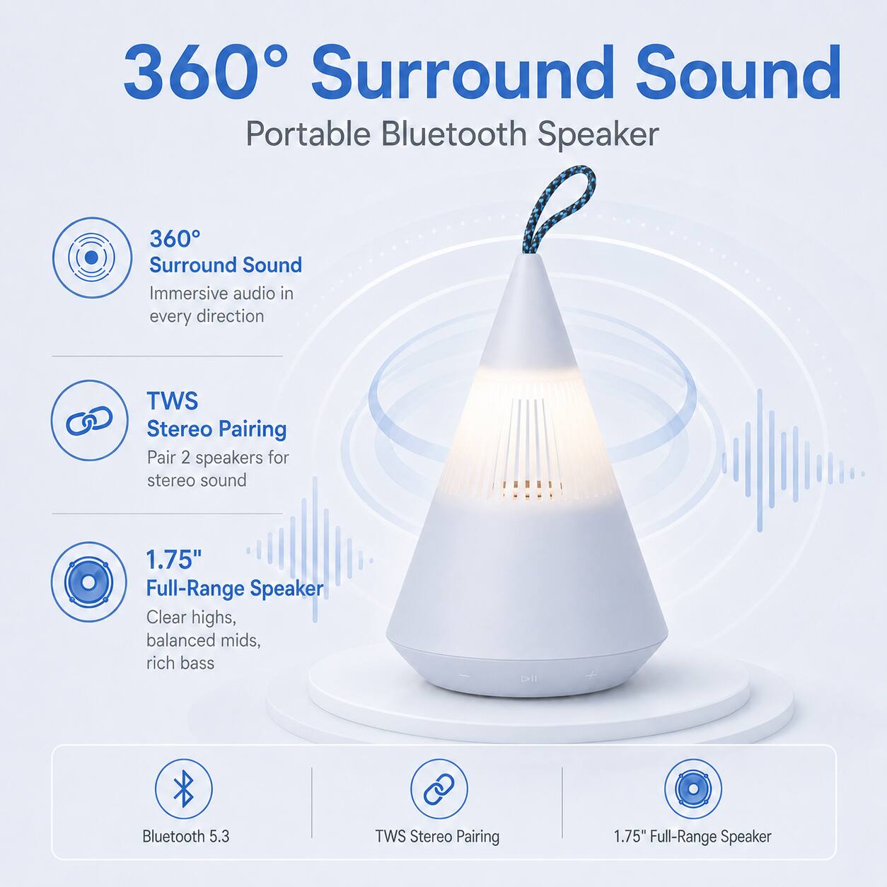 360° Surround Sound Portable Bluetooth Speaker

- 360° Surround Sound: Immersive audio in every direction
- TWS Stereo Pairing: Pair 2 speakers for stereo sound
- 1.75" Full-Range Speaker: Clear highs, balanced mids, rich bass
- Bluetooth 5.3