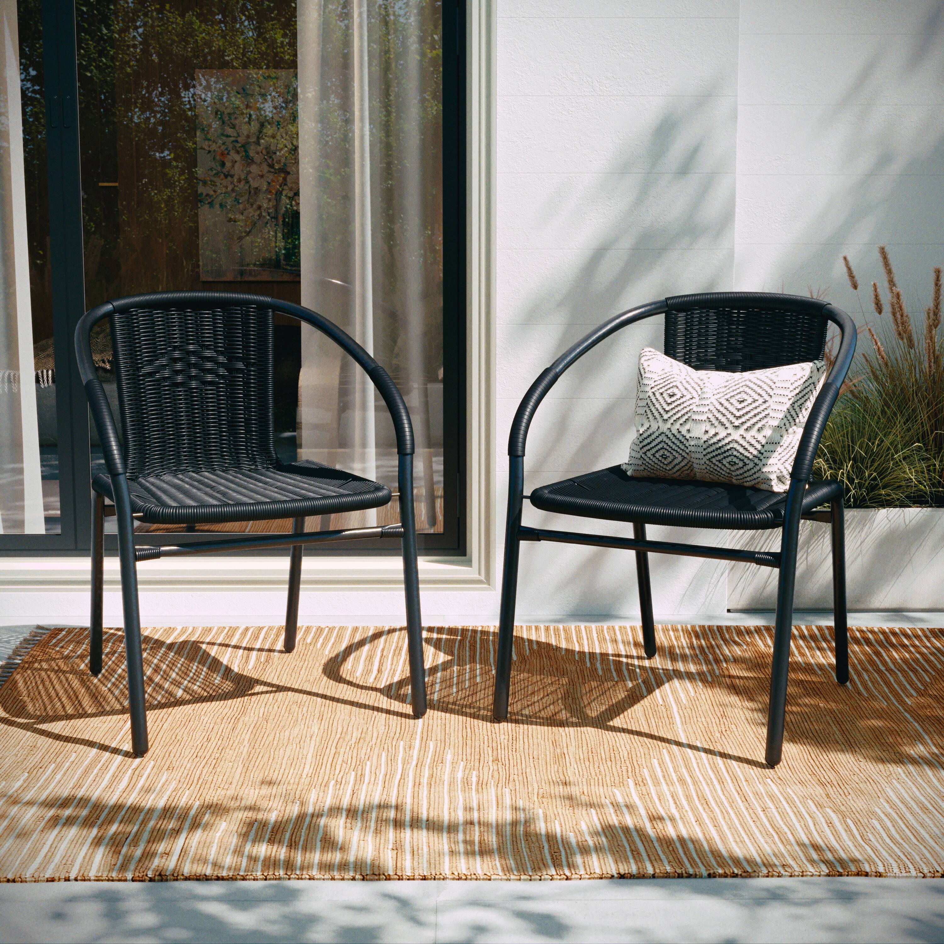 Alt View 6. Emma + Oliver - 2 Pack Rattan Indoor-Outdoor Restaurant Stack Chair with Curved Back - Black.