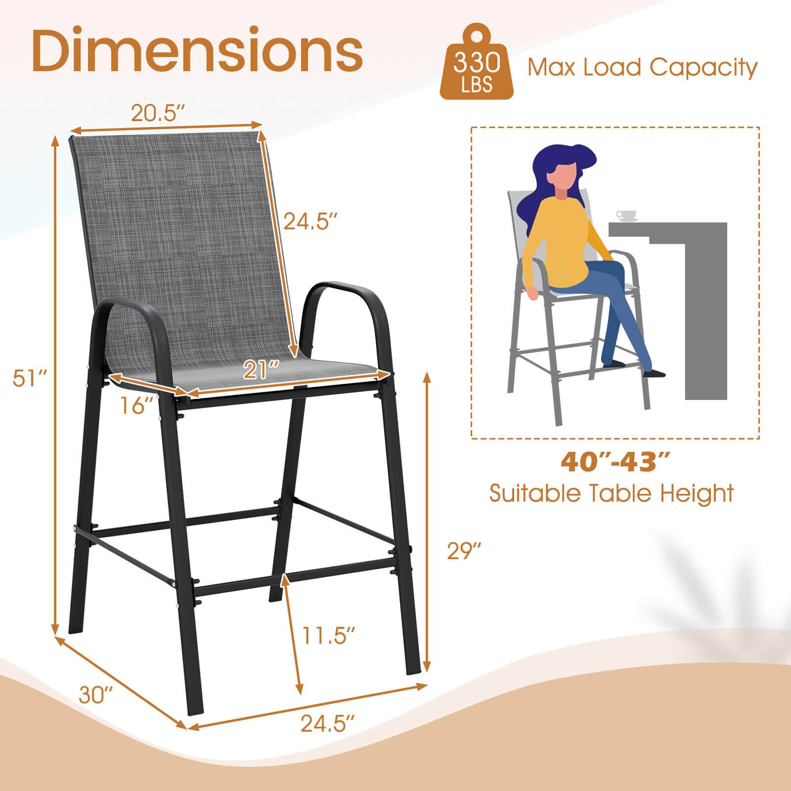 Dimensions  
- Height: 51"  
- Width: 24.5"  
- Depth: 30"  
- Seat Height: 29"  
- Seat Depth: 16"  
- Back Height: 20.5"  
- Armrest Height: 21"  
- Base Width: 24.5"  
- Base Depth: 11.5"  

Max Load Capacity: 330 LBS  

Suitable Table Height: 40"-43"