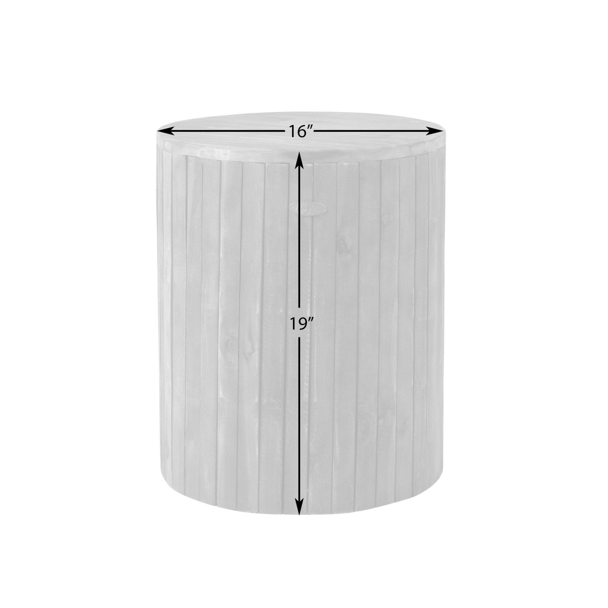 The image shows a white cylindrical object, possibly a vase, with a ruler measuring 16 inches and 19 inches.