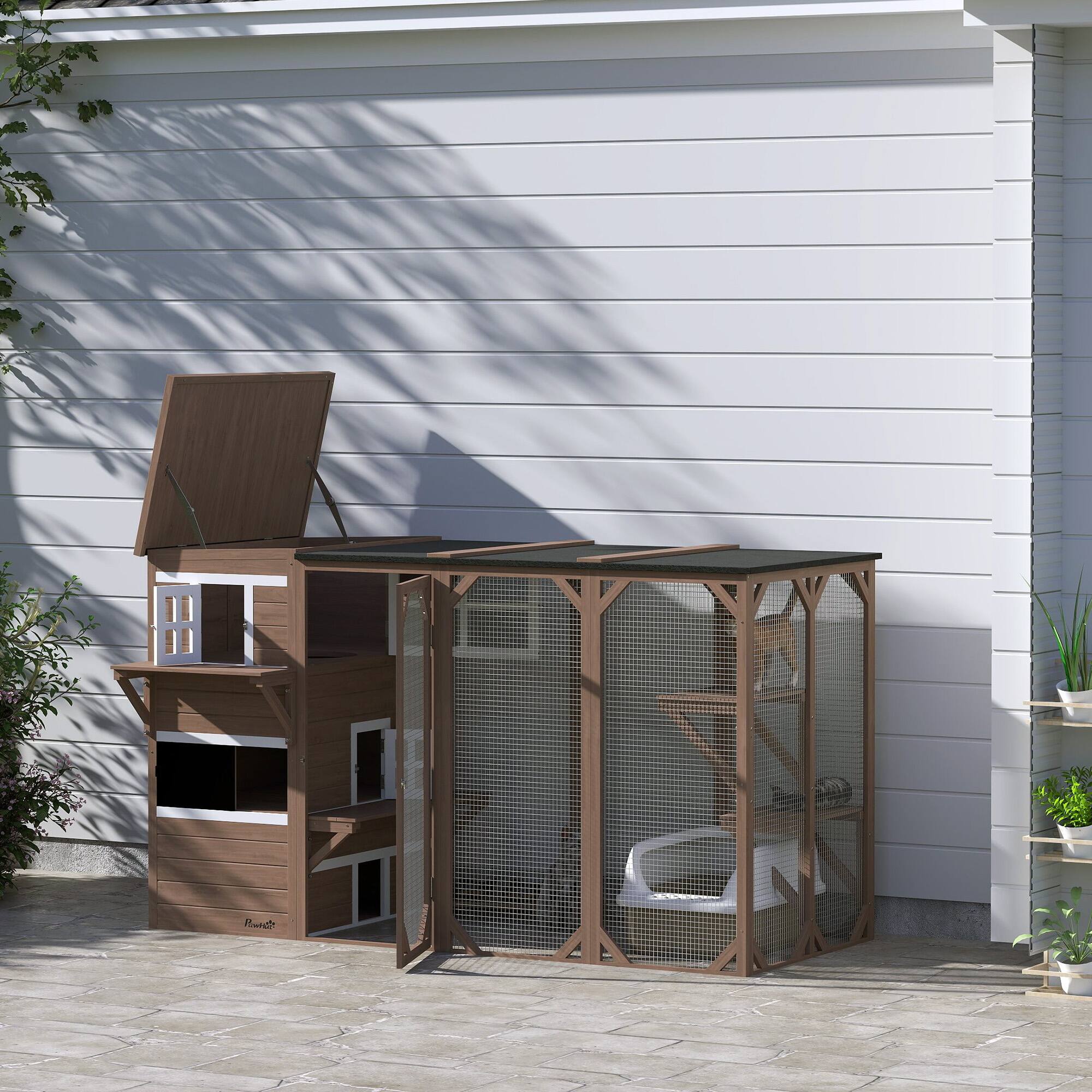 Angle. Pawhut - Catio Outdoor Enclosure, Large Wood, 3-Level, Weatherproof Roof, Big Hiding Areas, Platforms, Resting Box, 45"H.