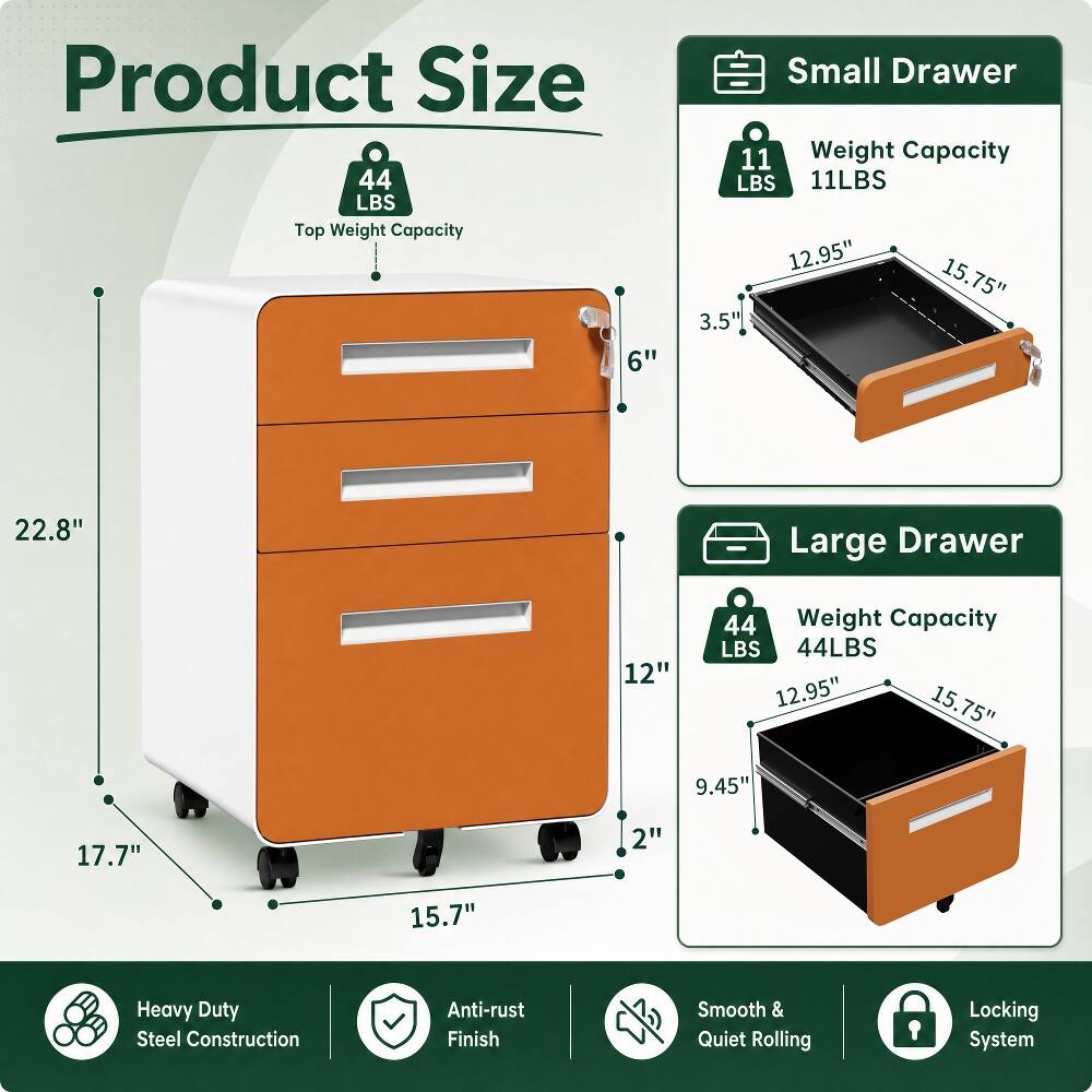 Product Size  
44 LBS Top Weight Capacity 6"  
Small Drawer  
11 Weight Capacity LBS 11LBS  
12.95" 15.75" 3.5" 22.8"  
Large Drawer  
44 Weight Capacity LBS 44LBS  
12" 12.95" 15.75" 9.45" 17.7" 2" 15.7"  
Heavy Duty Steel Construction  
Anti-rust Finish  
Smooth & Quiet Rolling  
Locking System