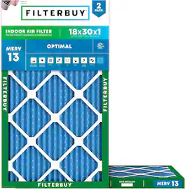 Filterbuy - 18x30x1 MERV 13 Smoke & Allergy Defense, Electrostatic Pleated HVAC AC Furnace Air Filters Replacement (2-Pack) - Blue