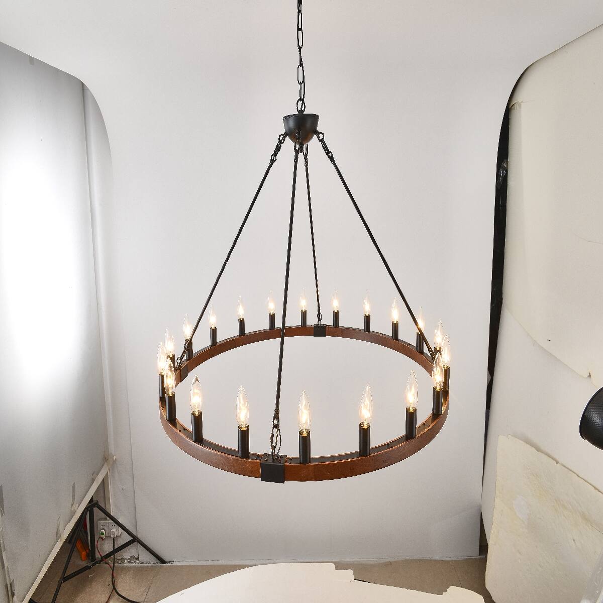 Alt View 8. Loheer - Loheer Wood Wagon Wheel Chandelier Matte Black Farmhouse Pendant Light for Dining Room.