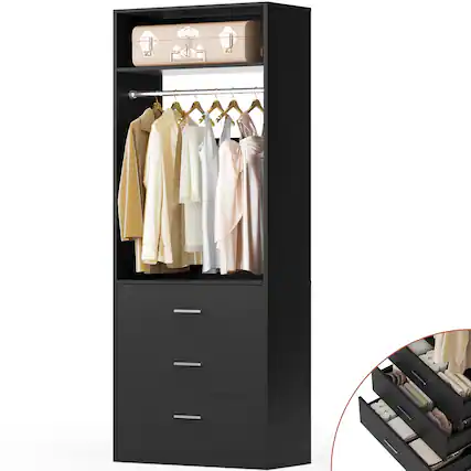Front. Aheaplus - 24" Freestanding Closet System,3 Wood Drawers, Hanging Rod & Shelves - Space-Saving Organizer for Small Closets - Black.