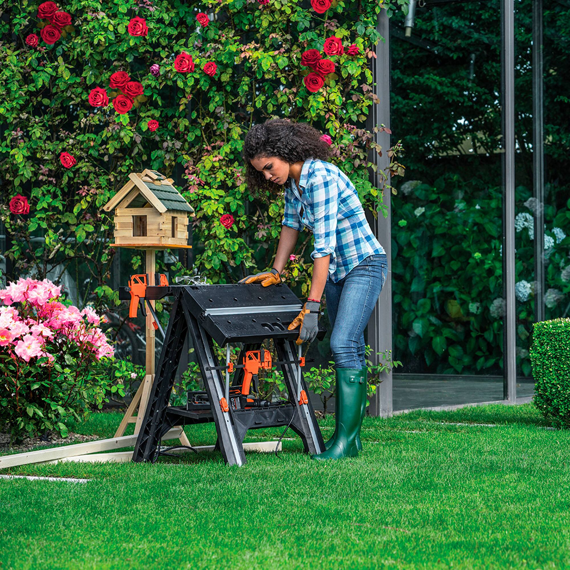 Alt View 14. WORX - Pegasus 2-in-1 Folding Work Table & Sawhorse, Easy Setup Portable Lightweight Workbench Includes 2 Clamps & 4 Clamp Dogs - Black.