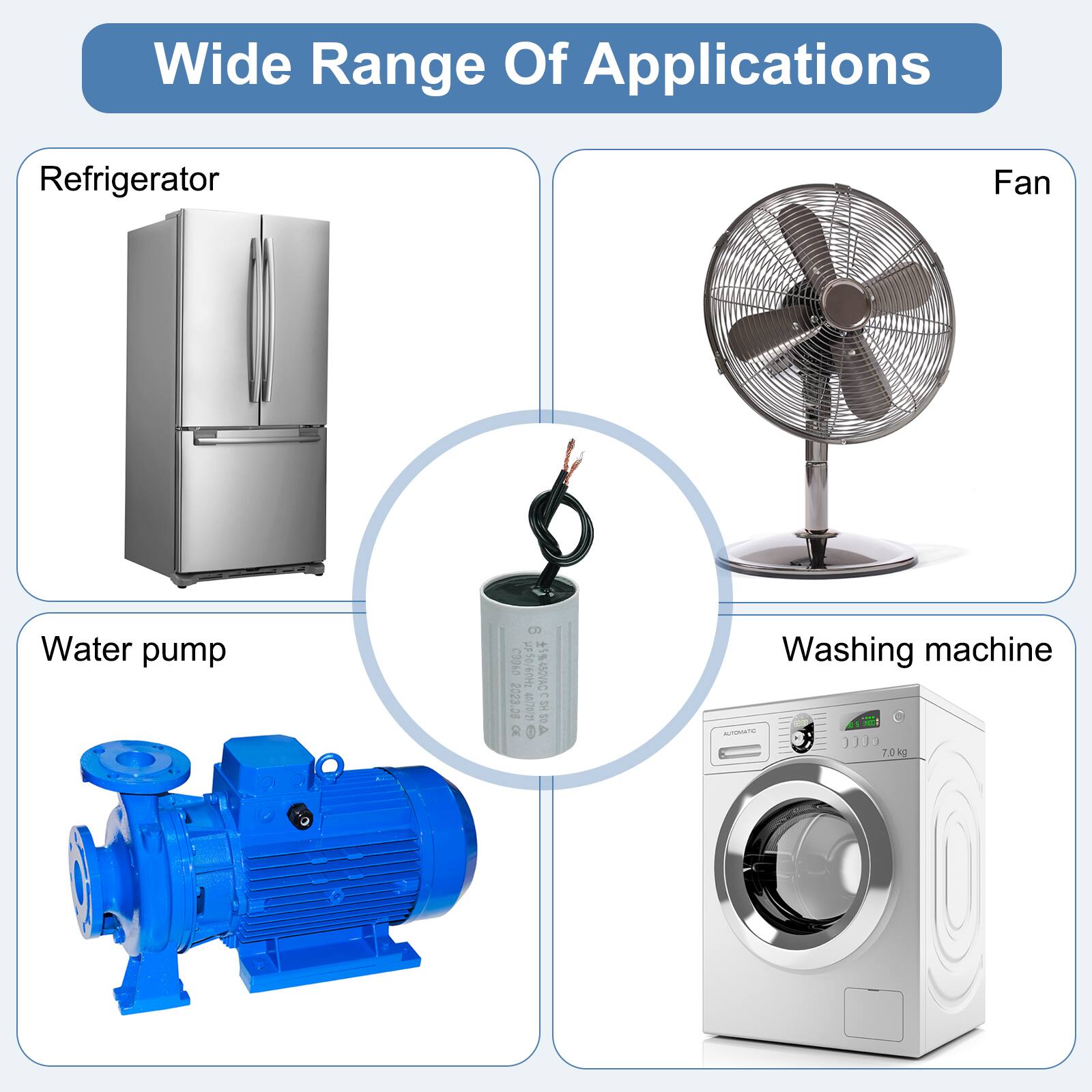 Wide Range Of Applications

- Refrigerator
- Fan
- Water pump
- Washing machine

2023.00

1 O P

7.0 kg