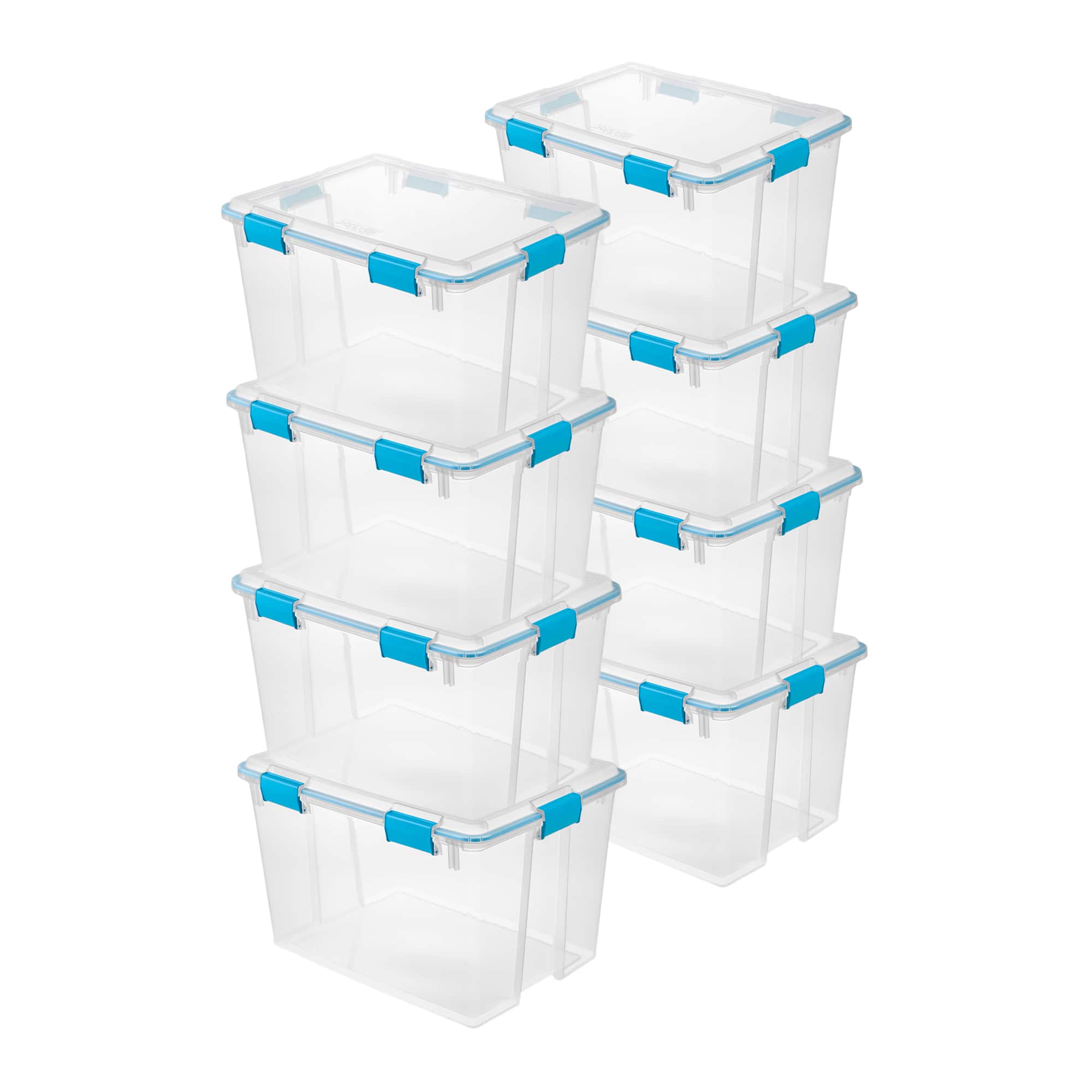 Front. Sterilite - Sterilite 80-Qt Clear Plastic Stackable Storage Bin w/ Gasket Latch Lid, 8 Pack.