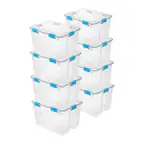 Front. Sterilite - Sterilite 80-Qt Clear Plastic Stackable Storage Bin w/ Gasket Latch Lid, 8 Pack.
