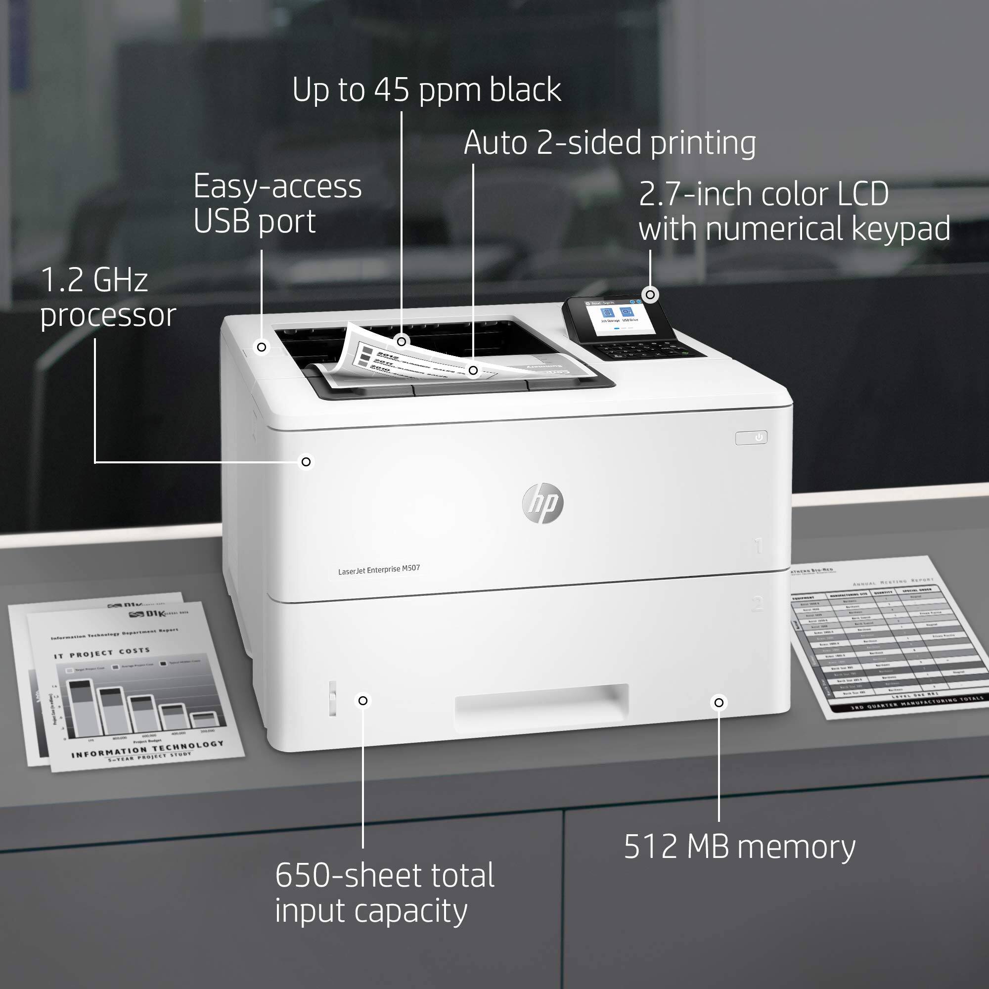 Up to 45 ppm black  
Auto 2-sided printing  
Easy-access USB port  
1.2 GHz processor  
2.7-inch color LCD with numerical keypad  
650-sheet total input capacity  
512 MB memory