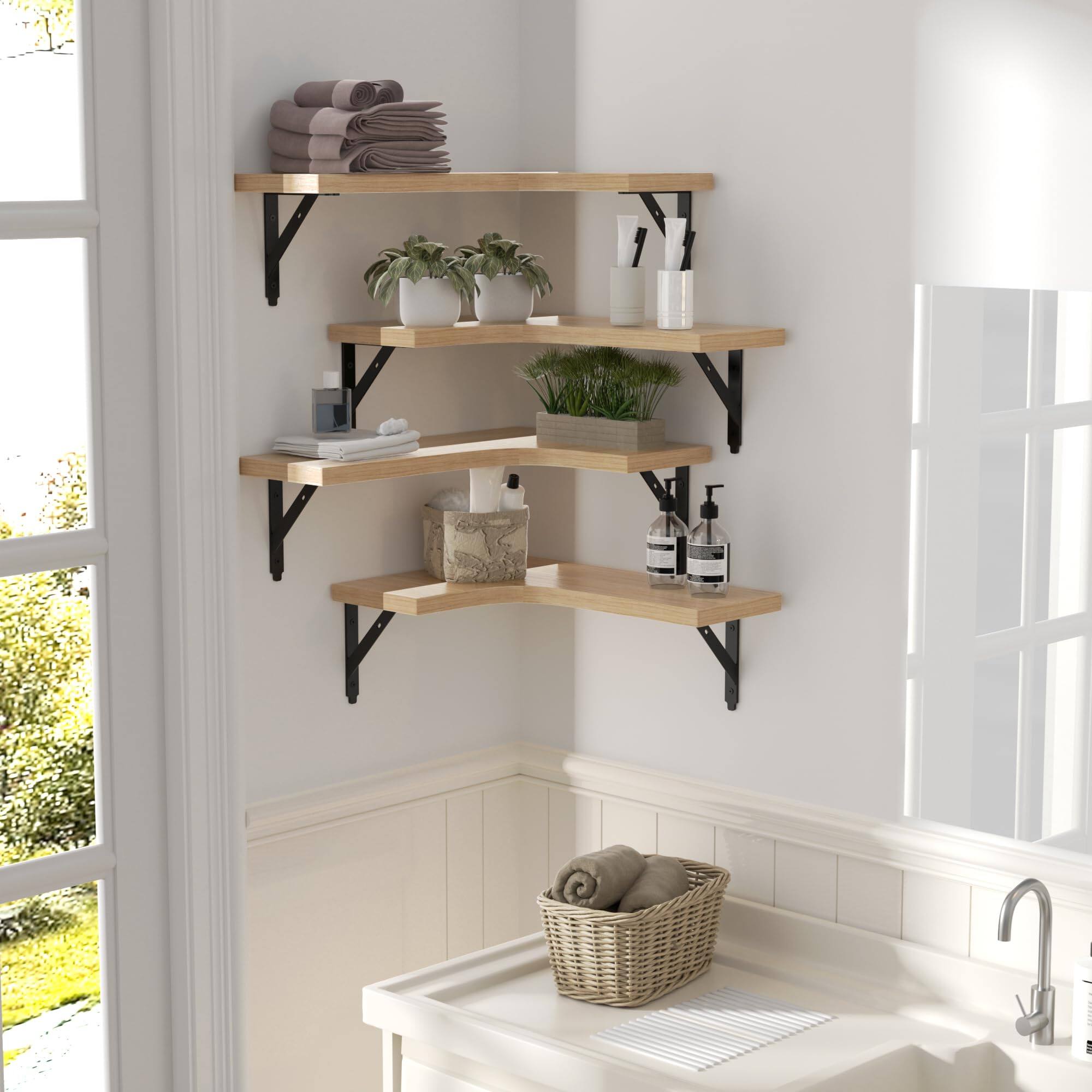 Alt View 2. Dazzed Corner - Corner Floating Shelves Wall Mounted Set of 4 - Natural.