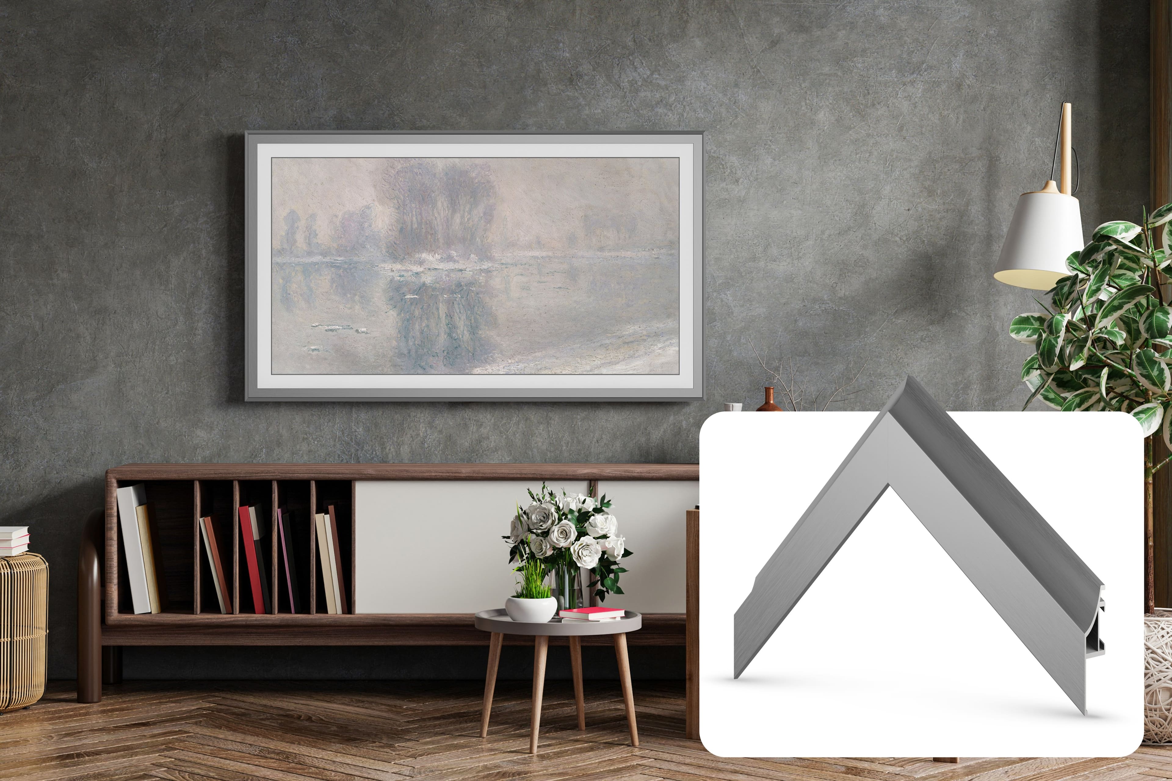 Front. Deco TV Frames - Alloy Scoop Bezel for Samsung The Frame and Frame Pro TV - 55" - Graphite.