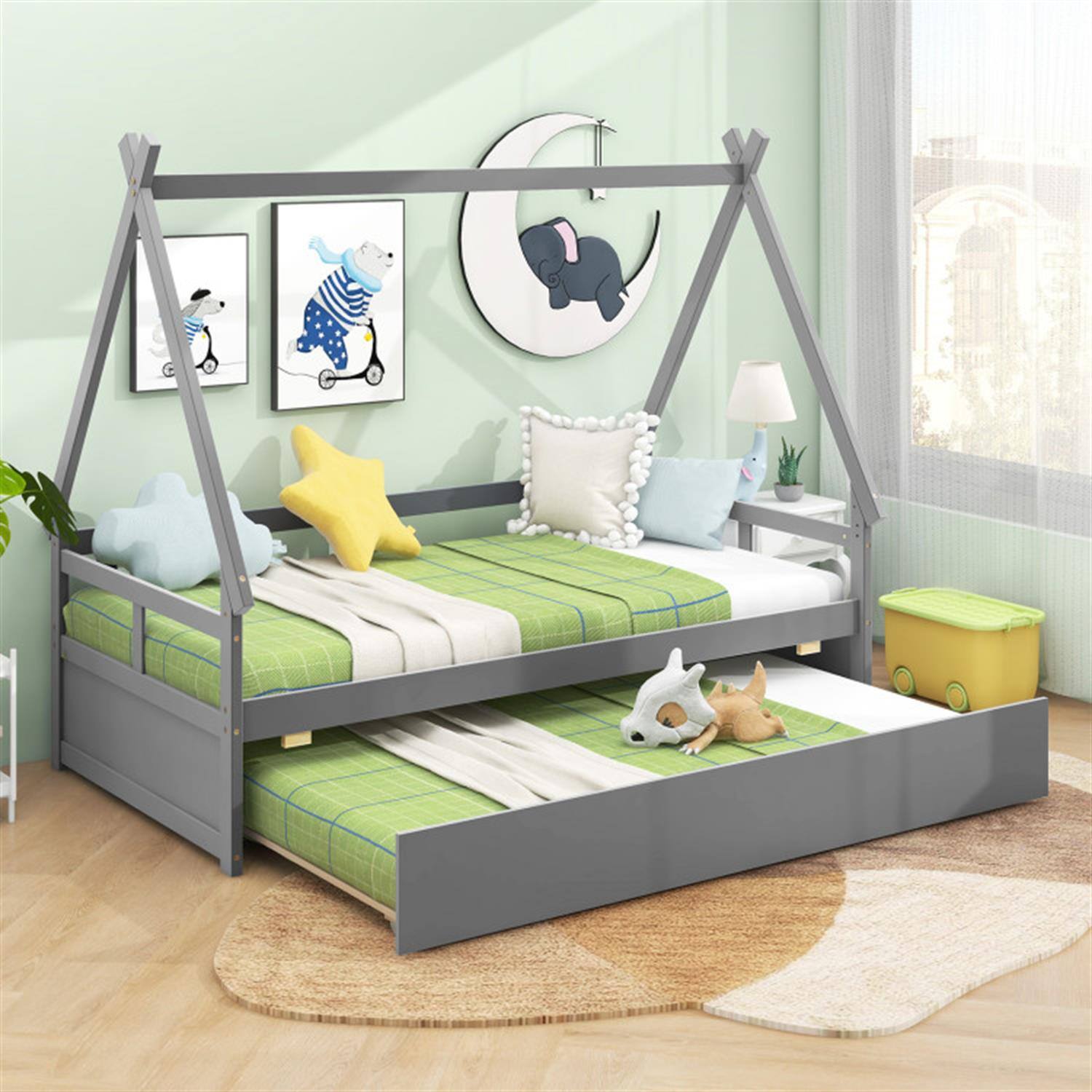 Alt View 2. Pefilos - Twin Size House Bed Frames with Trundle and Safety Guardrail, Modern Platform Bed Frames for Teens, Gray - Gray.