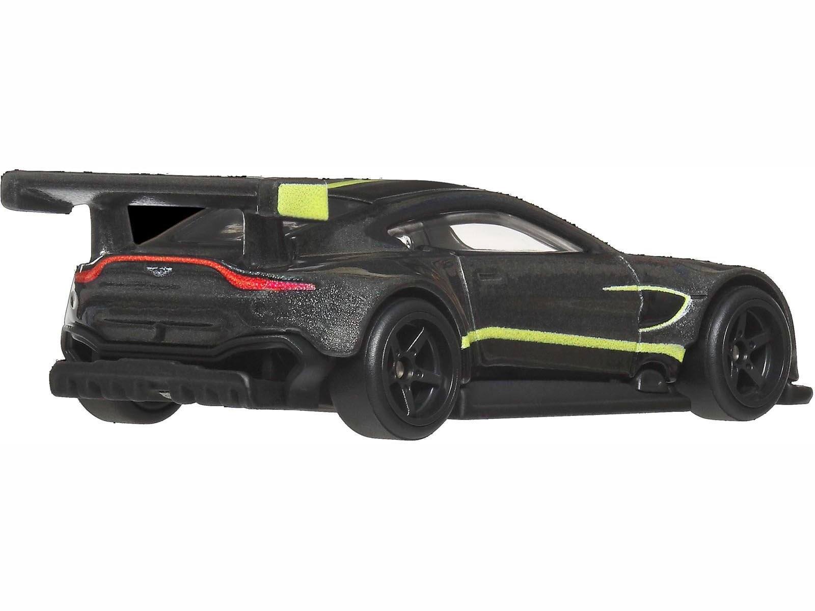 Left. Hot Wheels - Aston Martin Vantage GTE Dark Gray Metallic with Lime Green Stripes "Euro Speed" Series Diecast Model Car by Hot Wheels - Dark Gray Metallic with Lime Green.