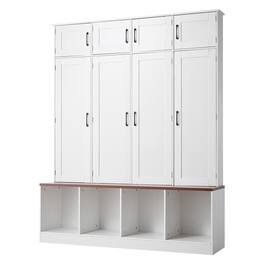 VEVOR - Hall Tree with Bench and Shoe Storage, 59" Wide, 4-in-1 Entryway Hall Tree with Bench, Hanging Hooks, Storage Cabinet - White
