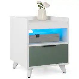 Gymax - Nightstand Modern Beside End Table w/ LED Lights Open Compartment & Drawer - White