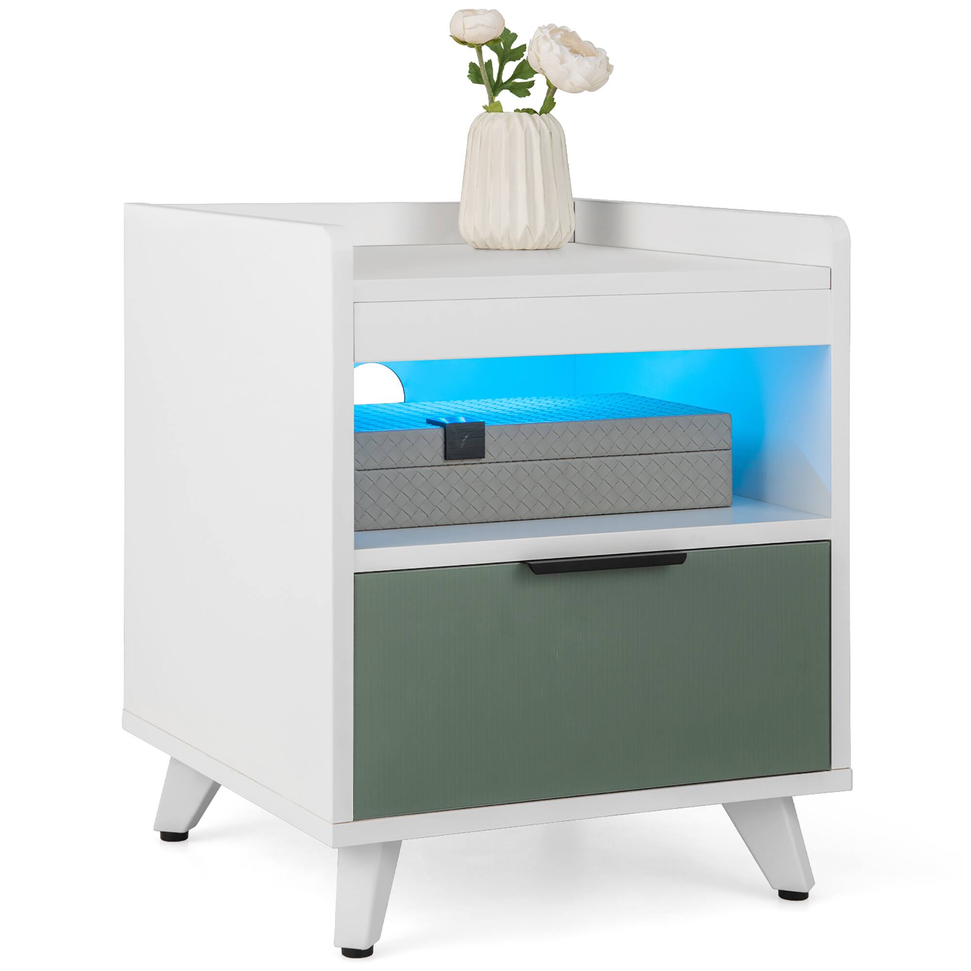 Gymax - Nightstand Modern Beside End Table w/ LED Lights Open Compartment & Drawer - White
