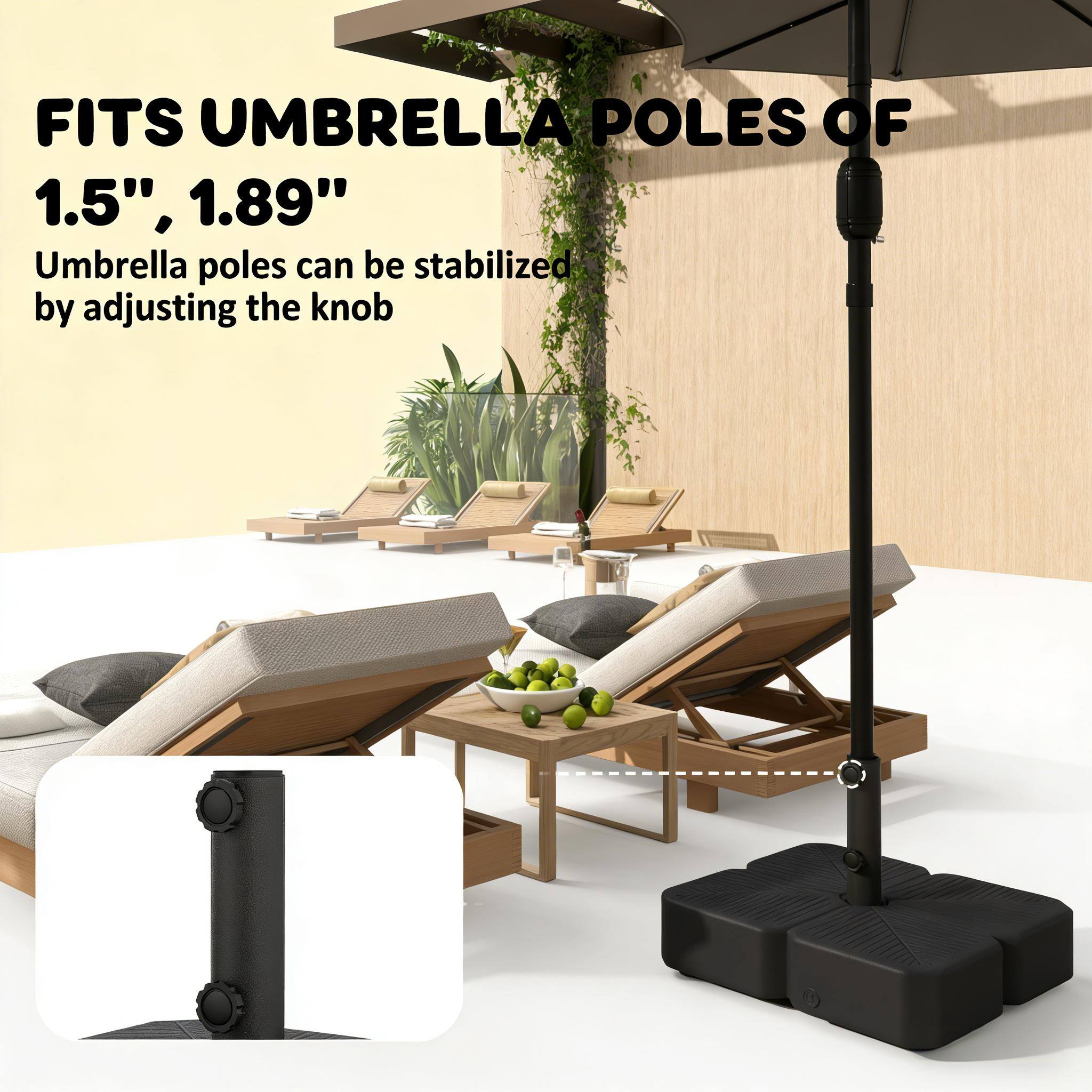FITS UMBRELLA POLES OF 1.5", 1.89"

Umbrella poles can be stabilized by adjusting the knob