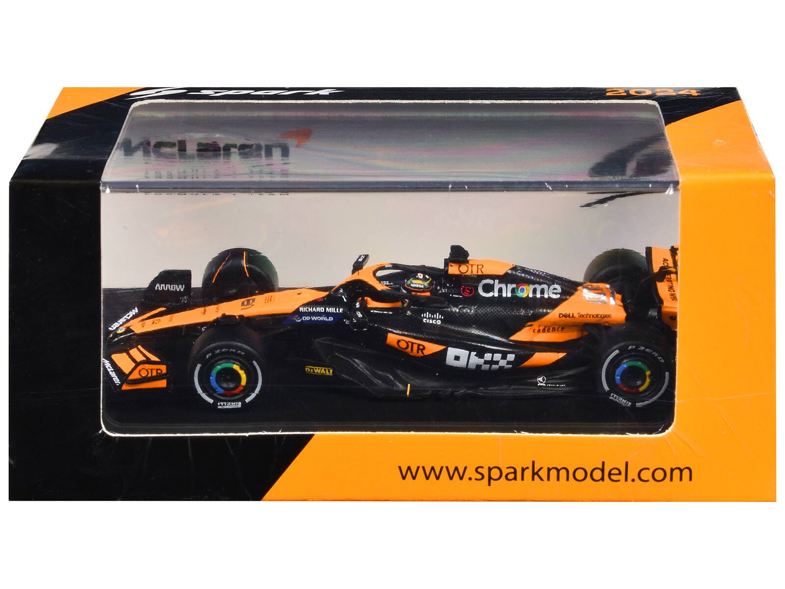 Sure, here is the corrected and grouped text from the image:

---

**Top Left:**
- McLaren

**Top Center:**
- 2024

**Car Body:**
- OTR
- Chrome
- Richard Mille
- OP World
- DeWalt
- Cadence
- P Zero
- OTR
- OKI
- DeWalt Technologies

**Bottom:**
- www.sparkmodel.com

**Side:**
- McLaren

---